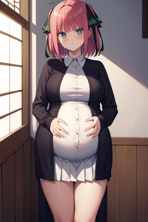 score_9, score_6_wonderful, Hentai, One Girl, alone, Bedroom、chika, blue eyes, Pink Hair, Hair Ribbon, Black Bow, Black Dress, White sailor collar, Neck ribbon, Red ribbon, Short sleeve, White shirt, slim, Huge breasts 、During pregnancy、Hands touching the stomach、Half-close your eyes、blush、From above、Pregnant women