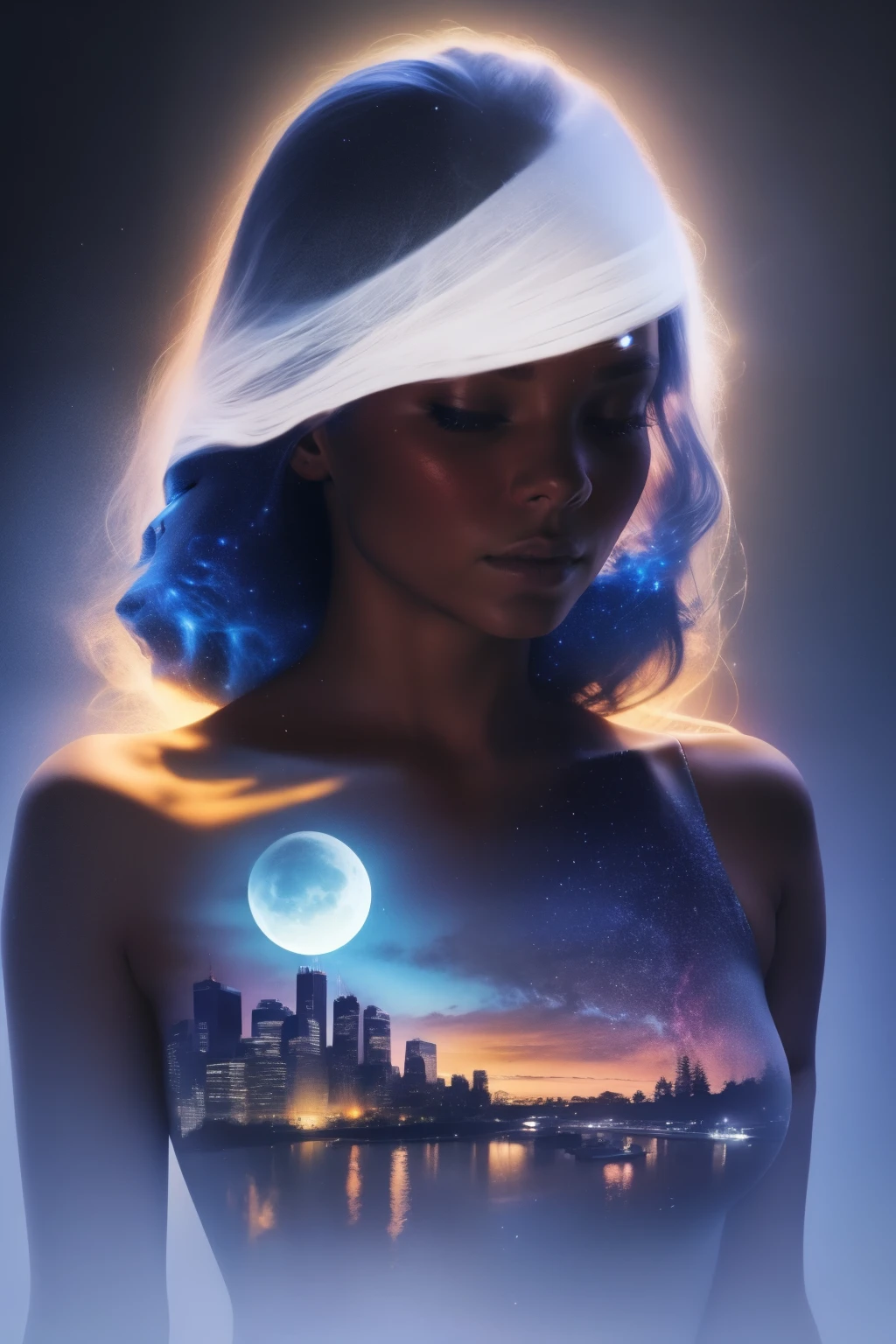 Photorealistic illustration of a Solo African American girl with dark skin ((a solo heart-shaped moon on her chest)), closed eyes, long black hair that is the color of a galaxy of stars, darken silhouette, heavenly city and starry night by Vincent Van Gogh, 
Bokeh, gradient black and blue color background, uhd, surreal, fractal, beautiful, high detailed masterpiece 