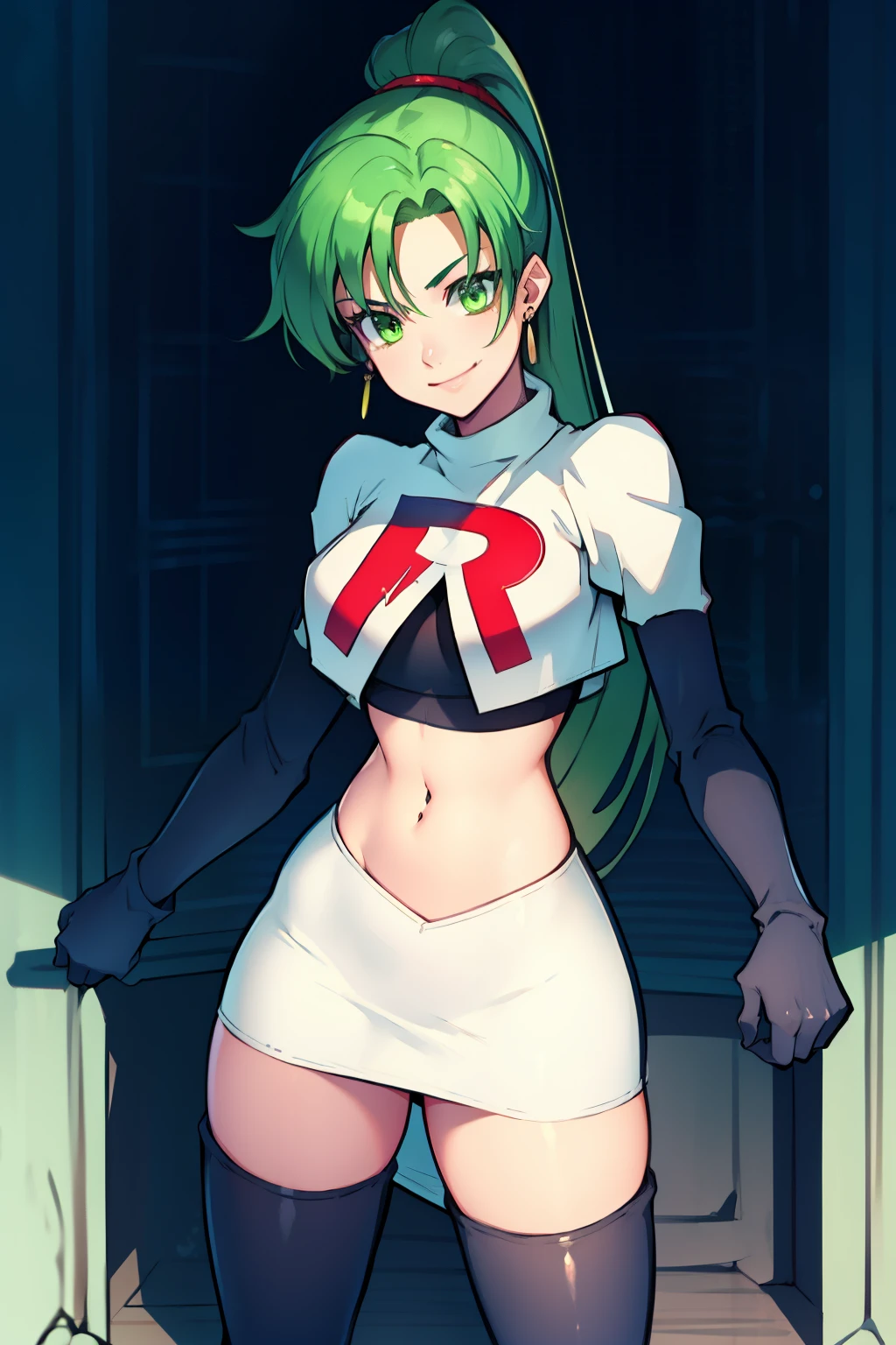 lyn, ponytail, green eyes, green hair, earrings ,team rocket uniform, red letter R, white skirt,white crop top,black thigh-high boots, black elbow gloves, evil smile, looking at viewer, cowboy shot, 