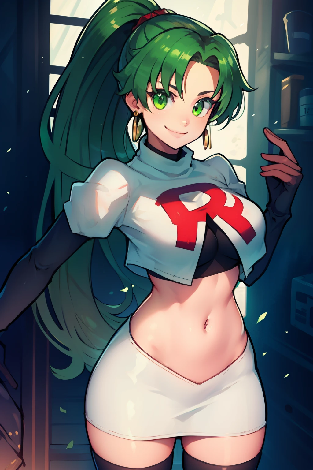 lyn, ponytail, green eyes, green hair, earrings ,team rocket uniform, red letter R, white skirt,white crop top,black thigh-high boots, black elbow gloves, evil smile, looking at viewer, cowboy shot, 