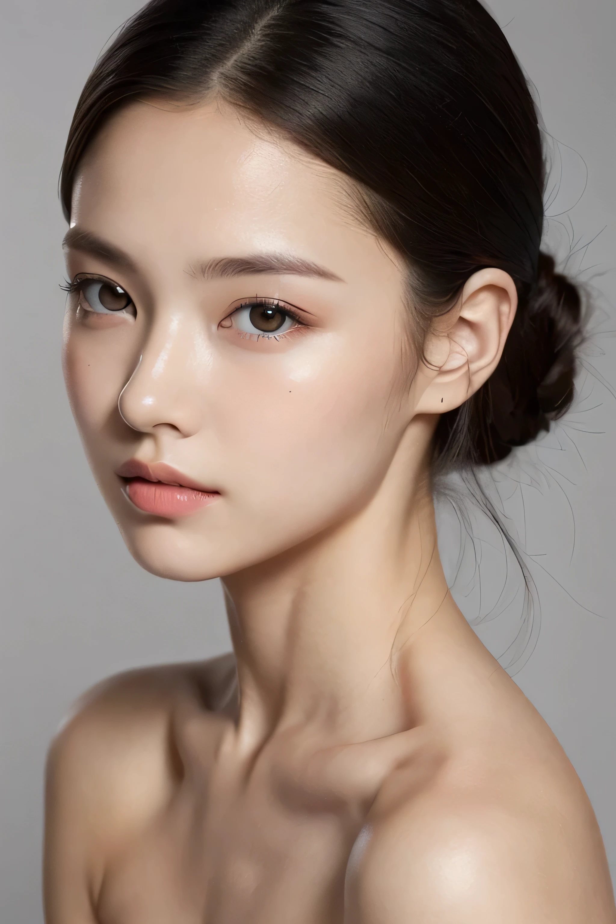 potrait of a young russian girl 1:2 ,short natural black hair, wearing white tube top, vibrant eyes, hand on chin, smooth, flawless skin, glowing complexion, silky touch, even texture, blemish-free, radiant appearance, youthful look, soft and supple skin, poreless, perfect skin tone, porcelain-like complexion, velvety smoothness, dewy and fresh skin, natural beauty, healthy and vibrant skin, upper shot, masterpiece