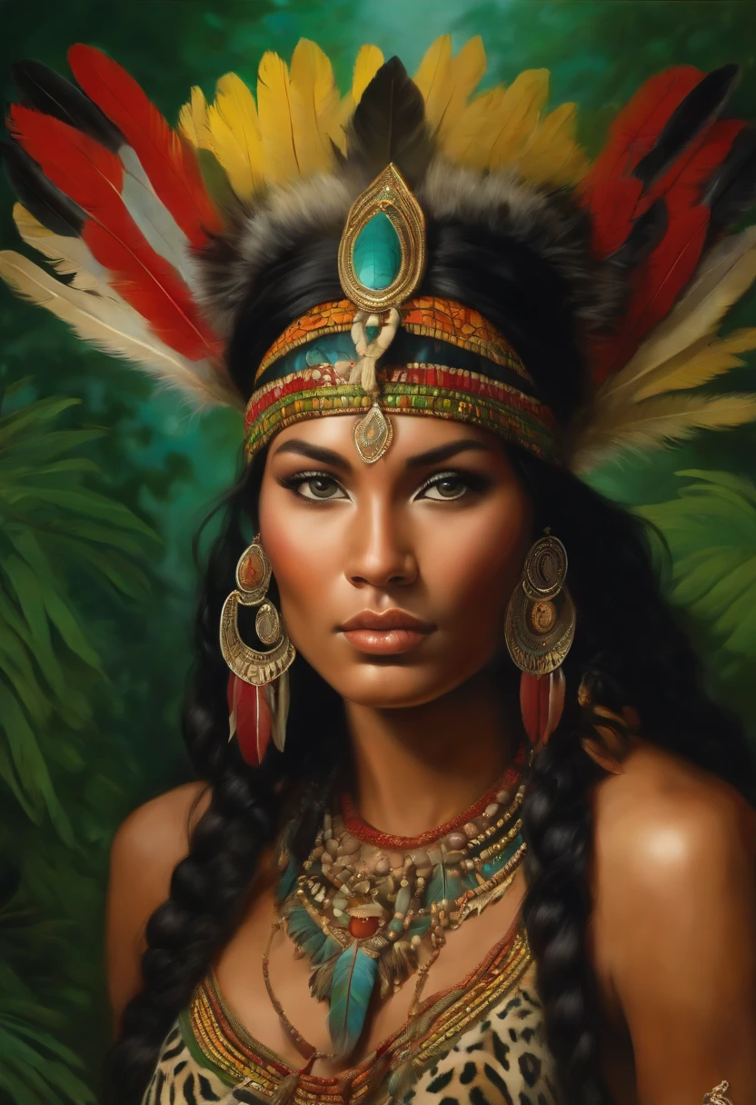 Painting of A young woman of radiant beauty, ((the most beautiful cabocla in the world)), 18 years old, indigenous, ((full body)), ((strong body, muscular legs)), ((indigenous headdress with colorful feathers on her head )), long black hair, braided over her shoulders, ((green panther eyes, magnetic)), ((square face and sunken chin)), ((strong expression of a female warrior)), ((hypnotic beauty)), sexy and sensual, indigenous body paintings, body and beauty of a Goddess, ((wearing wild animal skin)), ((in the background a sacred temple in the middle of a forest on a full moon night)), ((style of baroque painting)), ((with panthers and jaguars))
