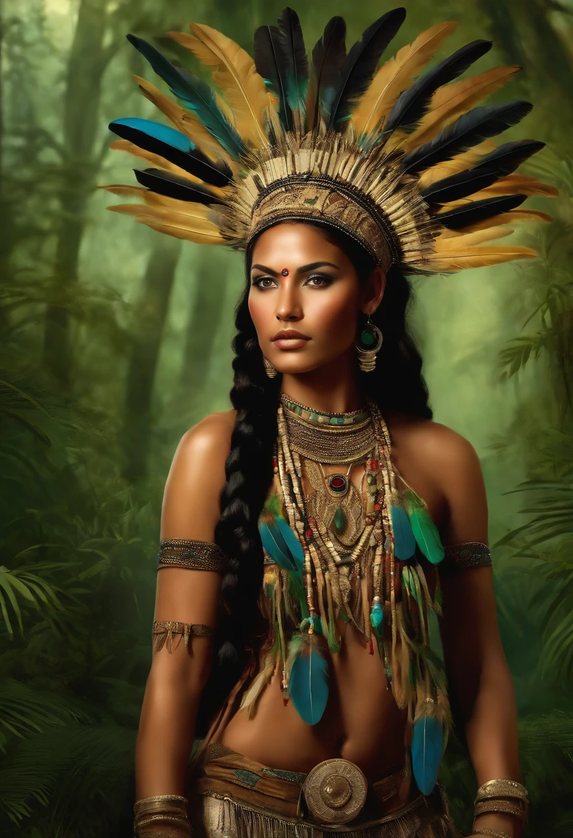 Painting of A young woman of radiant beauty, ((the most beautiful cabocla in the world)), 18 years old, indigenous, ((full body)), ((strong body, muscular legs)), ((indigenous headdress with colorful feathers on her head )), long black hair, braided over her shoulders, ((green panther eyes, magnetic)), ((square face and sunken chin)), ((strong expression of a female warrior)), ((hypnotic beauty)), sexy and sensual, indigenous body paintings, body and beauty of a Goddess, ((wearing wild animal skin)), ((in the background a sacred temple in the middle of a forest on a full moon night)), ((style of baroque painting)), ((with panthers and jaguars))
