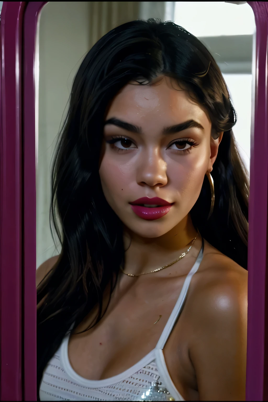 tara yummy gta style there is a woman looking at her reflection applying lipstick in the mirror, 8k, in the style of gta 5, madison beer look a like, pretty, sailor moon, still from a music video , looking in a mirror