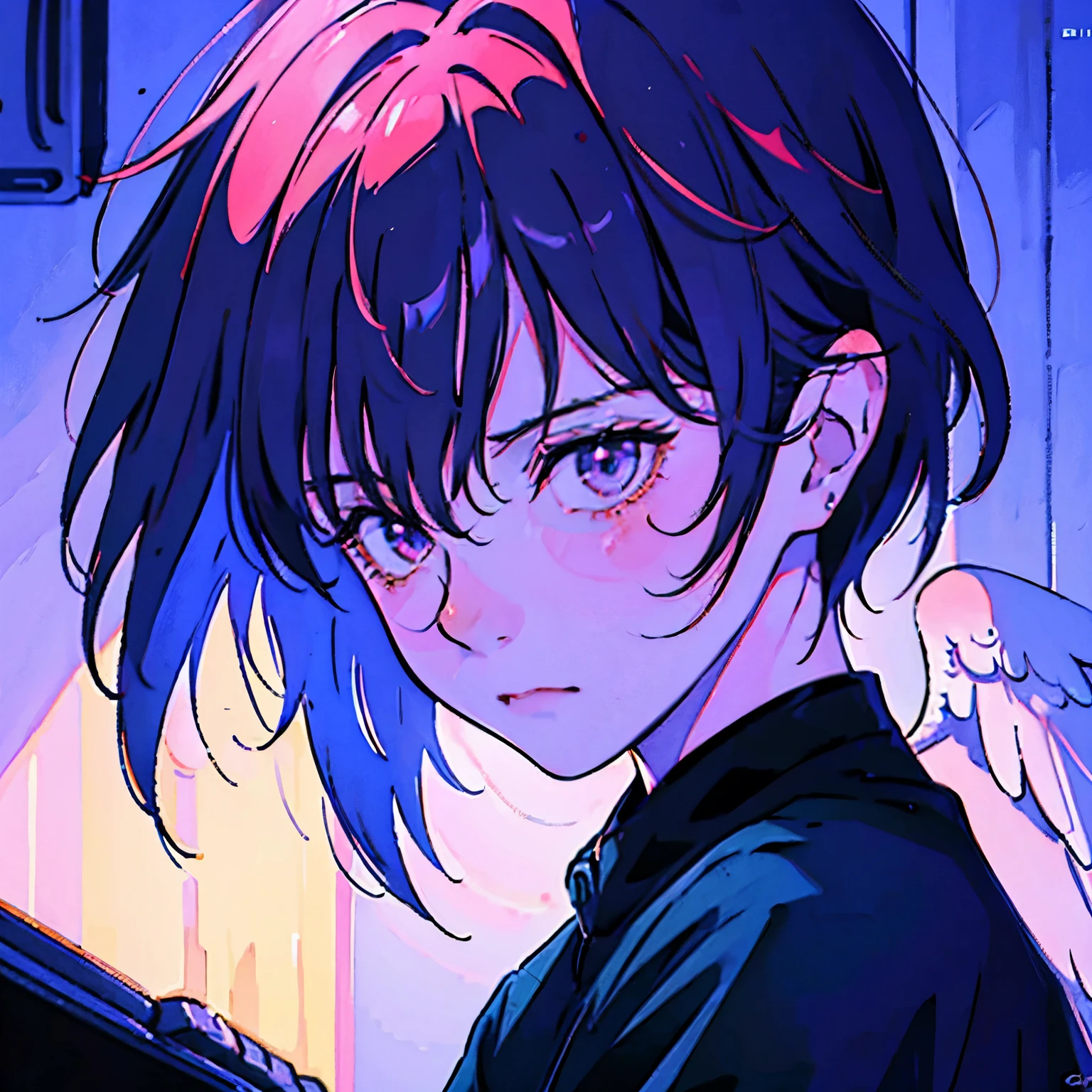 VHS, anime girl with angel wings and a laptop in a room, nightcore, anime girl in ascii art style, sh, anime vibes, anime aesthetic, lolirial experiments lain, cyber school girl, ufotable art style, tron angel, anime visuals, vocaloid, anime peripheral, ethereal anime, digital anime, miku, guweiz(vibe), bored, gloom (expression), high detail, Conceptual art, Futurism, Social realism, anime, Romanticism, Gothic art, sparkle, jpeg artifacts, glowing light, reflection light, backlighting, drop shadow, dithering, film grain, vignetting, chiaroscuro, depth of field, motion blur, pov, first-person view, overexposure, bokeh, caustics, afterimage, UHD, masterpiece, super detail, high details, high quality, best quality, highres, 8k
