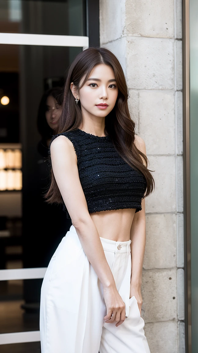 dark brown hair、Light brown eyes、Japanese actress face、 Lady、looks like him;I'm about 40 years old、(intricate-detail:1.2)、(top-qualit:1.4)、 (Super high resolution:1.2)、Super high resolution、(A detaled eye)、(detailed facial features)、ticker、8K resolution、D-cup size breasts、length hair、crop top、wide pants、A Chanel shop in Paris can be seen in the background.、full body photo、Photographed from head to toe、pose leaning against the wall、