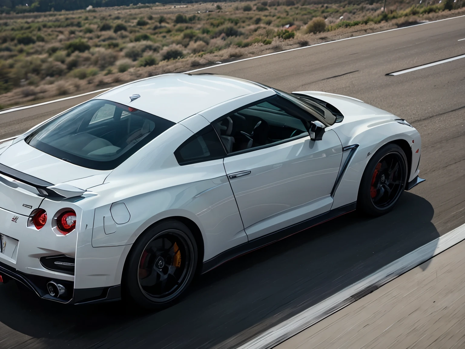 Car, white, Nissan GT-R35 nismo, runing on highway, driver inside, city background, daytime, no one, sky walk view, high details, 8k