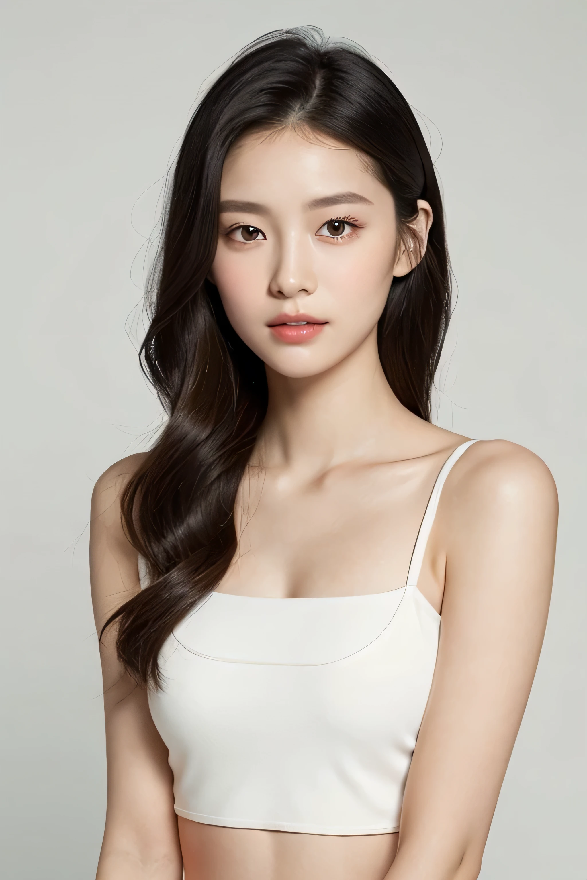 potrait of a young russian girl 1:2 ,short natural black hair, wearing white tube top, vibrant eyes, hand on chin, smooth, flawless skin, glowing complexion, silky touch, even texture, blemish-free, radiant appearance, youthful look, soft and supple skin, poreless, perfect skin tone, porcelain-like complexion, velvety smoothness, dewy and fresh skin, natural beauty, healthy and vibrant skin, upper shot, masterpiece