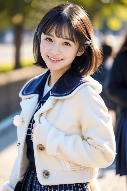 (((masterpiece))), (((full body photo,standing position))),(((walking)))、 (one beautiful girl, innocence,cute) ,ultra high resolution, reality, Super detailed, 8k,highest quality, very detailed, blurred background,thin,small breasts,(very beautiful japanese girl, detailed face:1.3), (short black hair :1.4), (baby face,cute系,adorable junior high school girl), (perfect body:1.1),((thick coat for winter,white fluffy gloves,navy pleated skirt))、rosy cheeks,,Super detailedな顔、detailed lips、detailed eyes、small gravure idol,transparent skin、lolita,Photoreal:1.37、bright sunny day、snow scene,Examination venue,Cold morning,The morning sun dazzling,cold air、Junior high school appearance,nervous smile,tense air,A look full of determination,Many examinees in the background