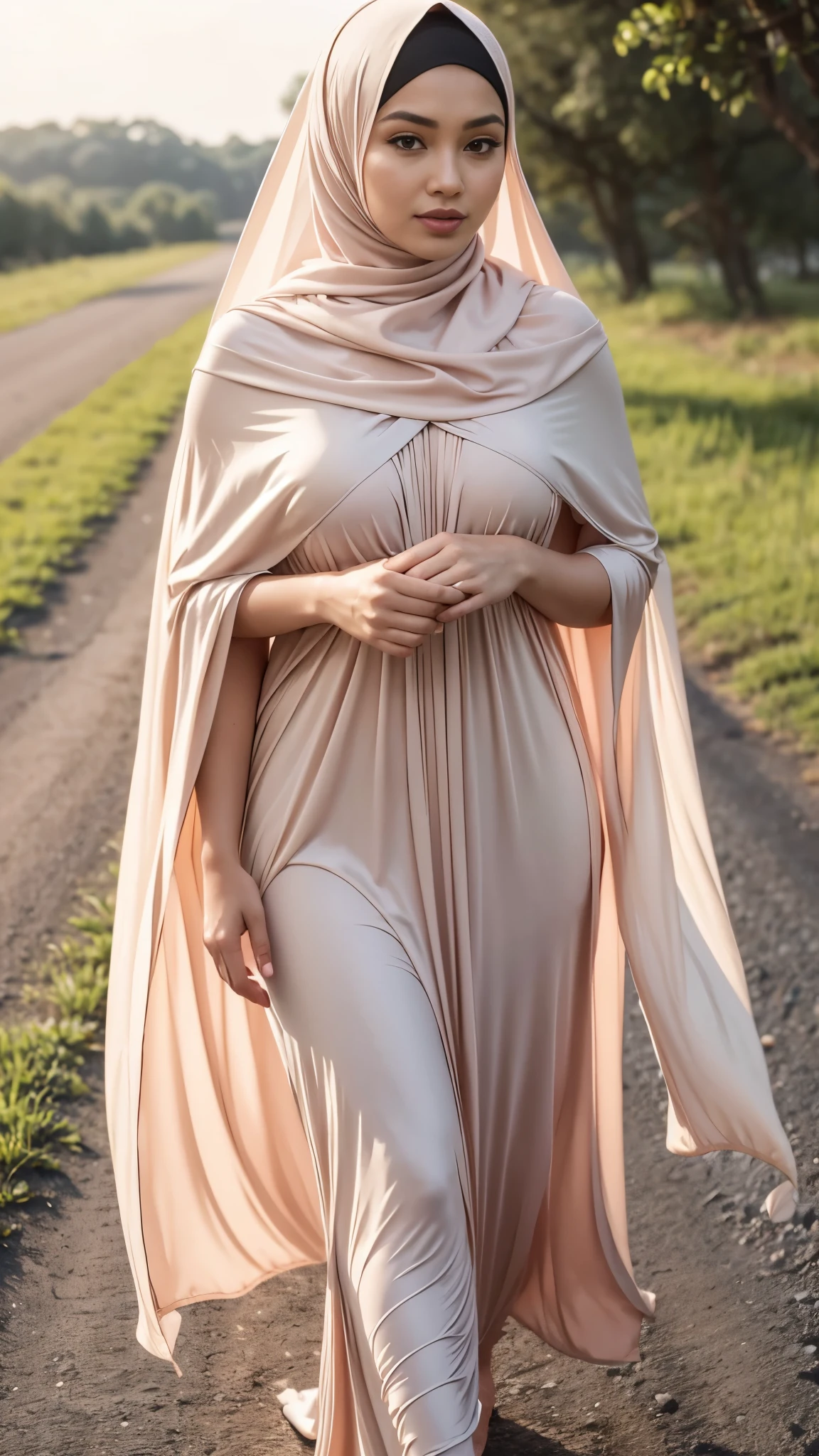 Close up),RAW, Best quality, high resolution, masterpiece: 1.3), Beautiful Malay woman in hijab,perfect fit body, big breast,sthick thighs,big beautiful eyes, Soft smile, beautiful face,very beutifull face,lip glosy, watery eyes, close up of a woman in a long dress standing on a gravel road, modest flowing gown, long dress female, full covered dress, soft silk dress, beautiful soft silky dress, elegant cape, light half opened dress, malay dress, with cape, beautiful silky dress, dress in voile, in shades of peach, long dress, flowing dress, long cape, dress and cloth Great lighting, Bright colors, Clean lines
