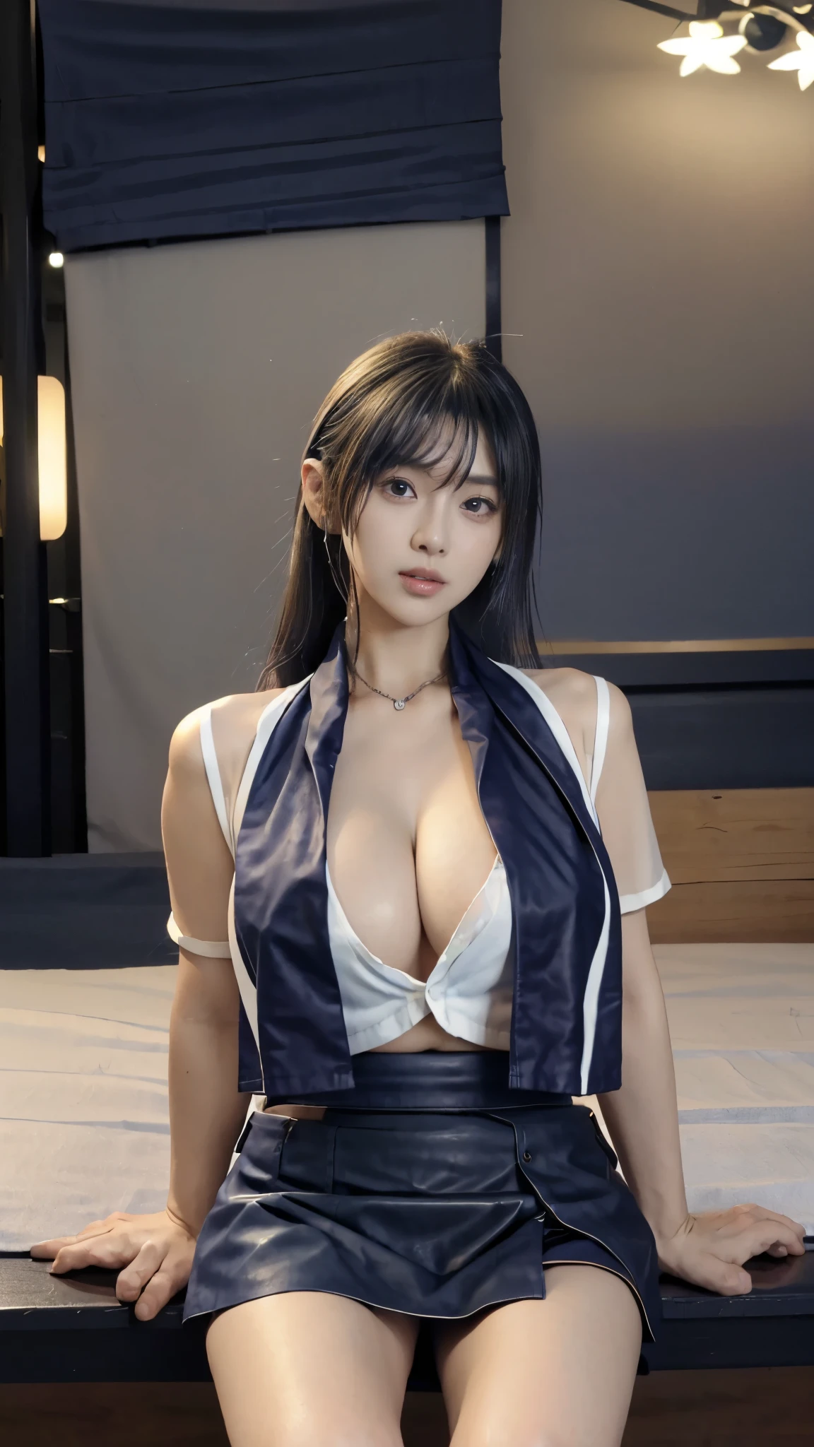 (((Realism)))，(((on the table)))，(((best quality)))，(((high resolution)))，(((8Ｋand then)))，((Genuine Leather))，(movie-like lighting)，((Realistic human-like images))，(((japanese women)))，sit on bench，solo，18 years old，((huge tits:1.5))，((:1.5))，((White front open shirt:1.5))，Unbutton your shirt，(Not worn:1.75))，a smile，((Dark blue mini skirt:1.5))，Hot spring town at night，((The front of the clotheluttering:1.5))，incomparable beauty，extraordinary beauty，(Beautiful figure like a model)，((:1.5))