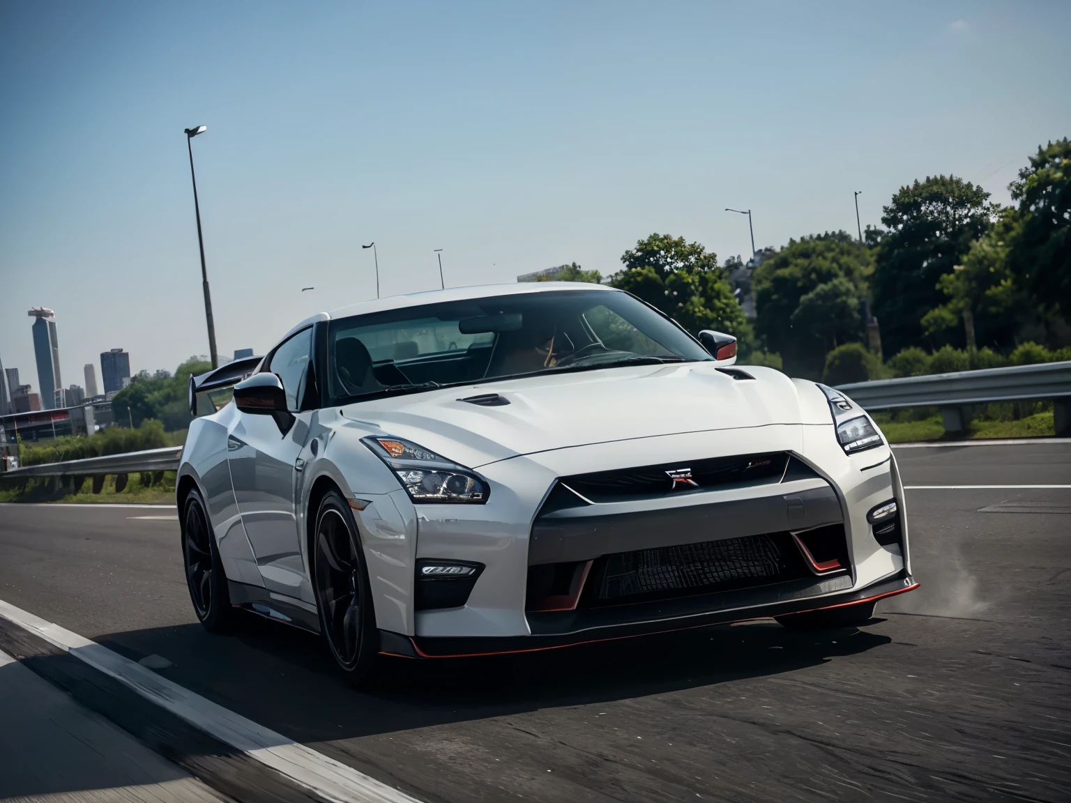 Car, white, Nissan GT-R35 nismo, runing on highway, driver inside, city background, daytime, no one, far view, high details, 8k