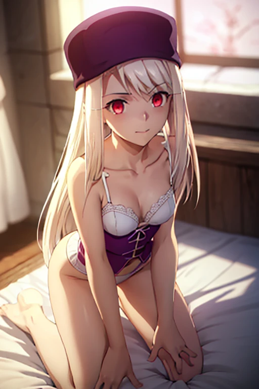 1girl, best quality, masterpiece, high resolution, solo,extremely detailed CG, 8k wallpaper, {illyasviel_von_einzbern:1.15}, long_hair, white_hair, red_eyes, bangs,bustier short, bustier, wide thighs, position on all fours, bed, crouched face downbackwards, white lingerie.