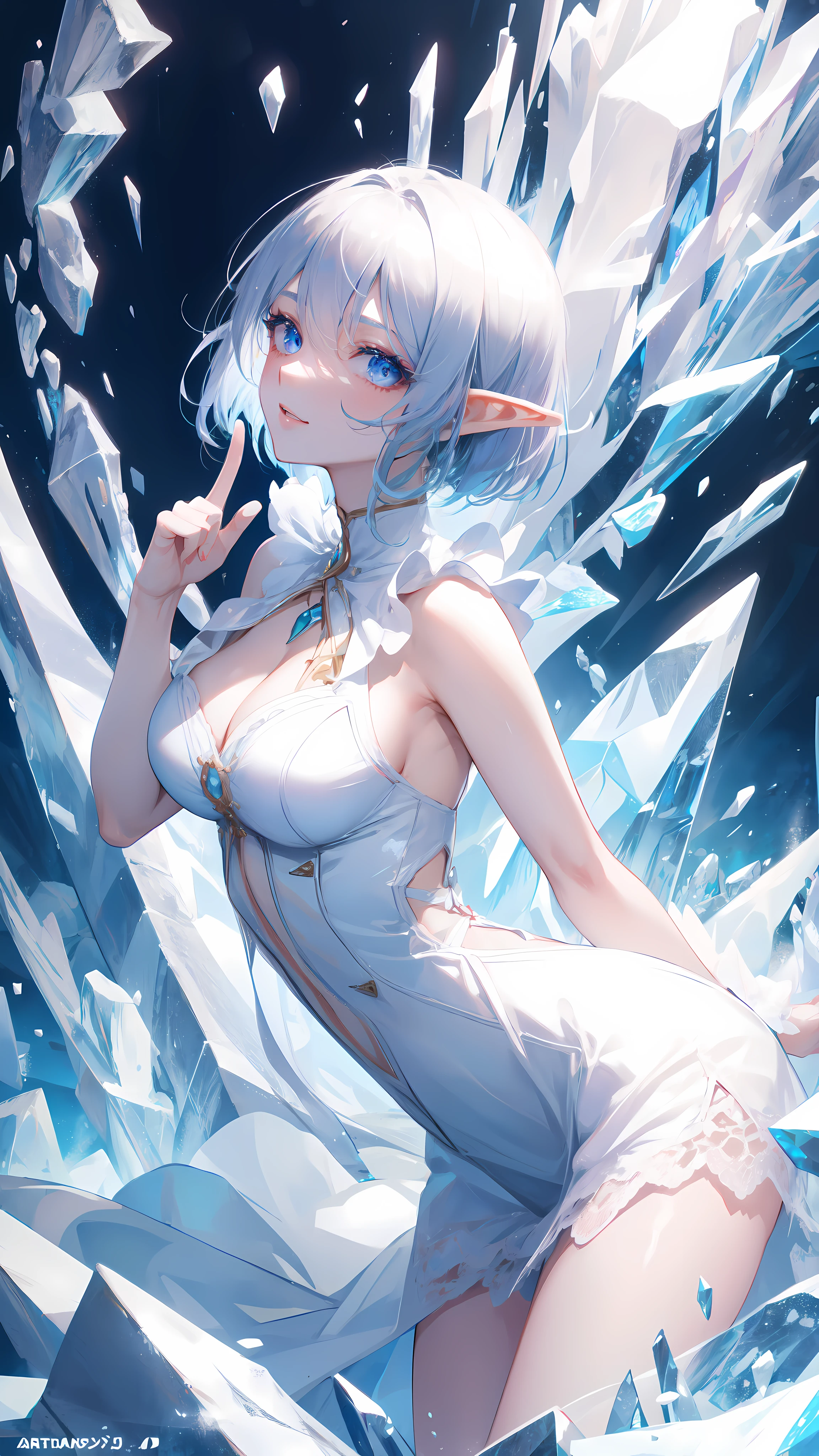 ((masterpiece )), (top quality), (best quality), ((ultra-detailed, 8k quality)), Aesthetics, Cinematic lighting, (detailed line art),
BREAK,
absurdres, adult elf female, athletic proportions, Bent over pose, dynamic angle, (white dress with ice crystals), (white cloves with ice crystals), (surrounded by ice), the garden of an ice castle,
BREAK,
highly detailed of (elf), (1girl), perfect face, details eye, Bob cut hair, blue eyes, eyelashes, eyeshadow, pink eyeshadow, light smile, design art by Artgerm, by Kawacy, By Yoshitaka Amano,
BREAK,
((perfect anatomy)), nice body, medium breast, extremely detailed finger, best hands, perfect face, beautiful face, beautiful eyes, perfect eyes, perfect fingers, correct anatomy,