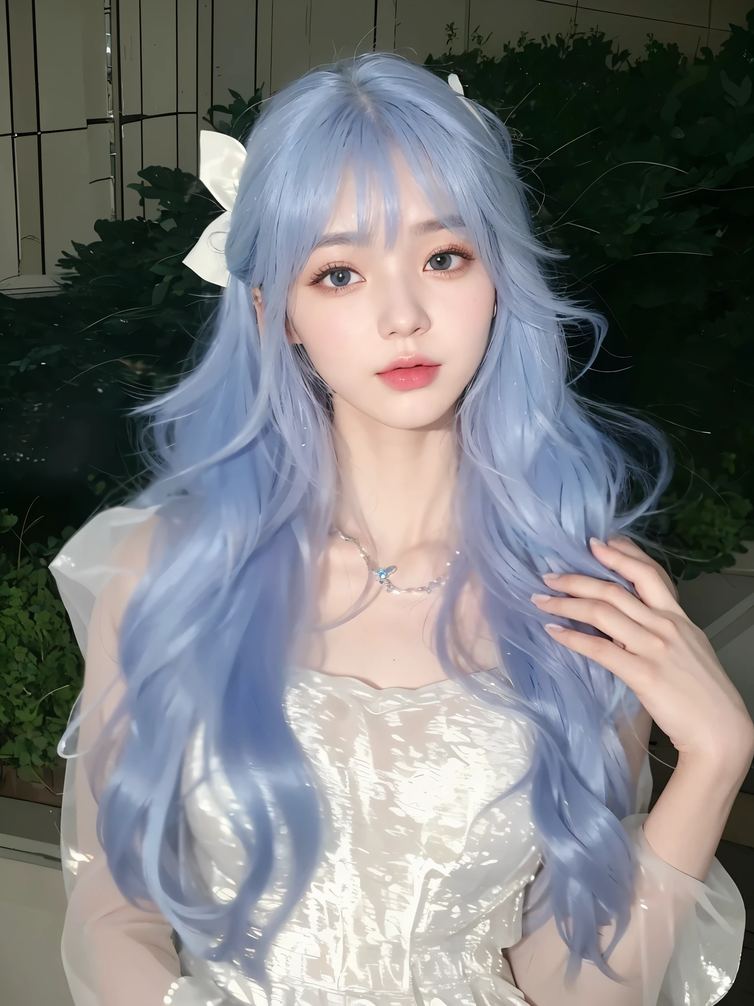 blue hair、Girl in white dress posing for photo, long glowing flowing hair, With haze blue hair, Long curly hair, Urzan, flowing hair, flowing blue hair, Long hair in pastel colors,flowing blue hair, long curly hair and bangs, inspired by Yanjun Cheng