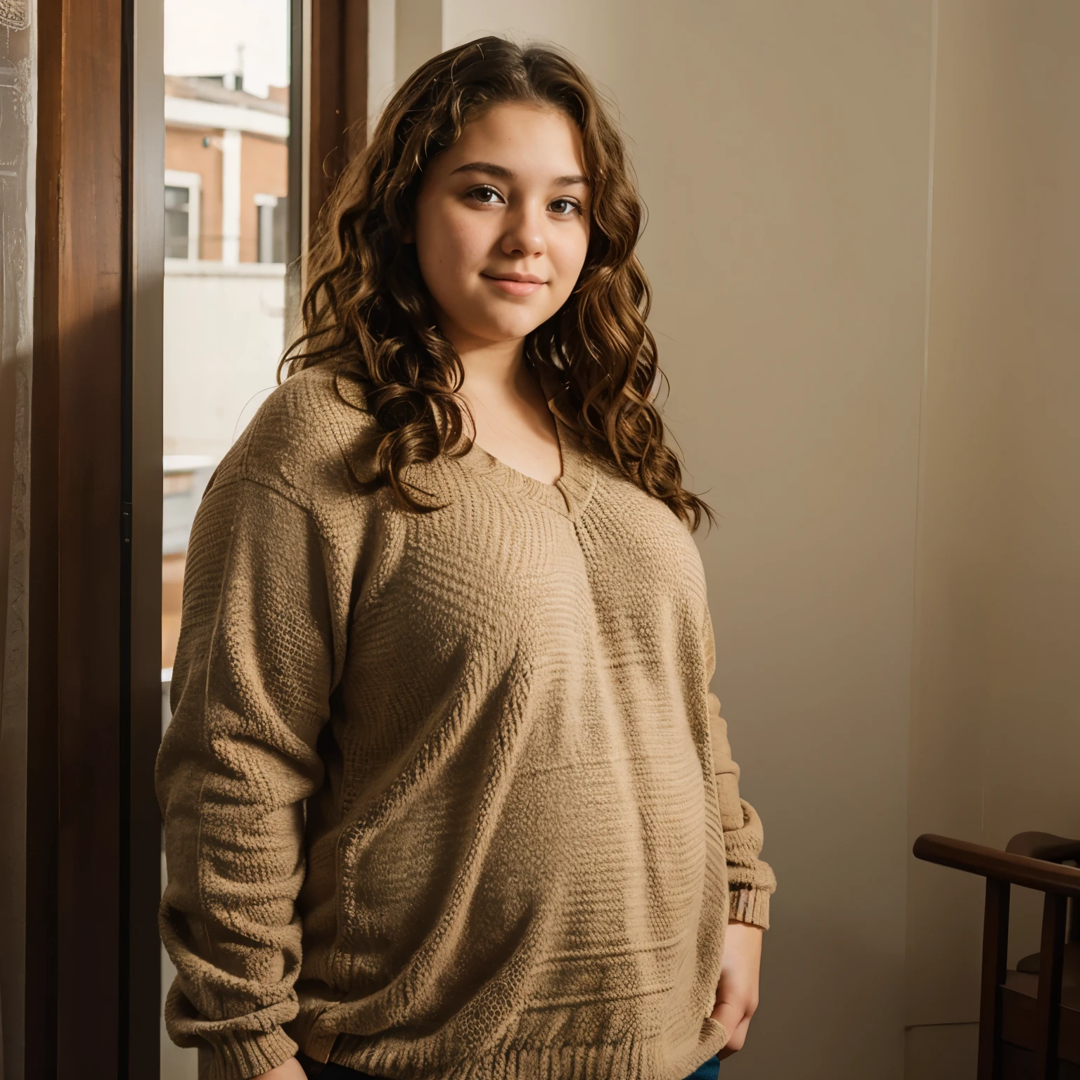 Chubby with brown curly hair