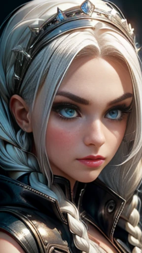 ((masterpiece)), ((best quality)), close-up, of a girl, ((platinum_hair)), white, silver hair, long hair, with double braids, platinum eyebrows, ((platinum_hair):1.0), girl beautiful, ((perfect_face)), perfect facial proportions, adequate eye size, adequate nose shape, light_green_eyes, fair skin, pale skin, ((perfect_face):1.2), anger expression, she always hides in the shadows, wears a vest with a hood, made of dark leather.