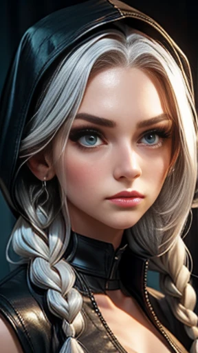 ((masterpiece)), ((best quality)), close-up, of a girl, ((platinum_hair)), white, silver hair, long hair, with double braids, platinum eyebrows, ((platinum_hair):1.0), girl beautiful, ((perfect_face)), perfect facial proportions, adequate eye size, adequate nose shape, light_green_eyes, fair skin, pale skin, ((perfect_face):1.2), anger expression, she always hides in the shadows, wears a vest with a hood, made of dark leather.