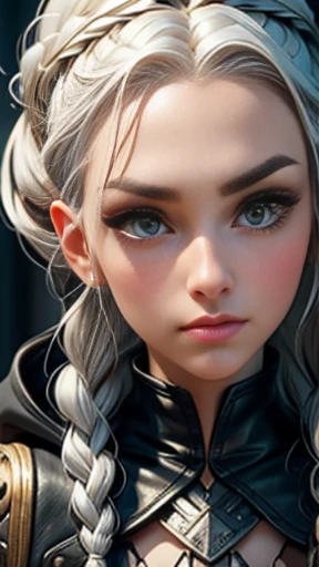 ((masterpiece)), ((best quality)), close-up, of a girl, ((platinum_hair)), white, silver hair, long hair, with double braids, platinum eyebrows, ((platinum_hair):1.0), girl beautiful, ((perfect_face)), perfect facial proportions, adequate eye size, adequate nose shape, light_green_eyes, fair skin, pale skin, ((perfect_face):1.2), anger  expression, she always hides in the shadows, wears a vest with a hood, made of dark leather.