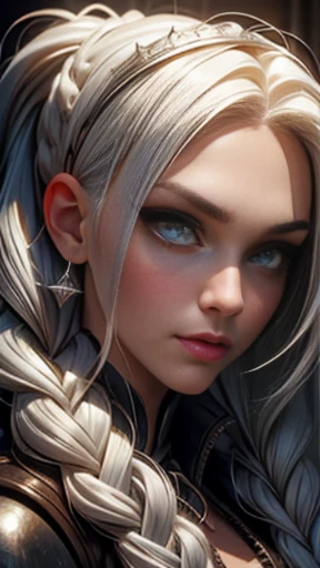 ((masterpiece)), ((best quality)), close-up, of a girl, ((platinum_hair)), white, silver hair, long hair, with double braids, platinum eyebrows, ((platinum_hair):1.0), girl beautiful, ((perfect_face)), perfect facial proportions, adequate eye size, adequate nose shape, light_green_eyes, fair skin, pale skin, ((perfect_face):1.2), anger expression, she always hides in the shadows, wears a vest with a hood, made of dark leather.
