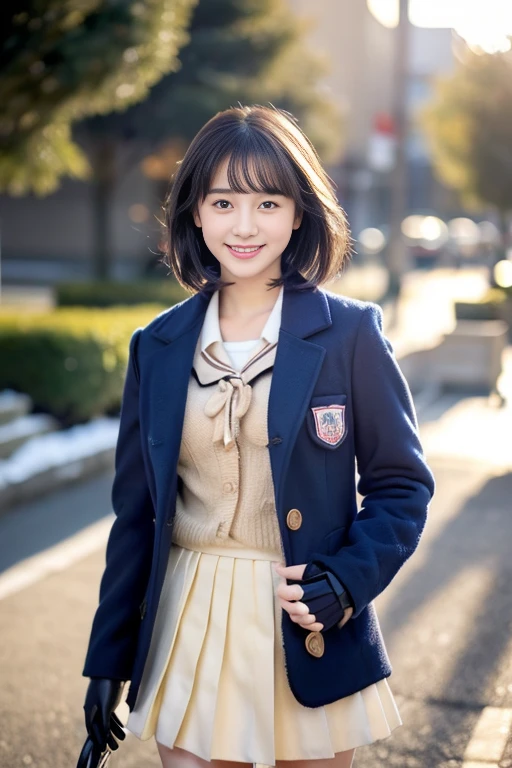 (((masterpiece))), (((full body photo,standing position))),(((walking)))、 (one beautiful girl, innocence,cute) ,ultra high resolution, reality, Super detailed, 8k,highest quality, very detailed, blurred background,thin,small breasts,(very beautiful japanese girl, detailed face:1.3), (short black hair :1.4), (,cute系,adorable junior hiool girl), (perfect body:1.1),((thick coat for winter,Fluffy gloves,navy pleated skirt))、rosy cheeks,,Super detailedな顔、detailed lips、detailed eyes、small gravure idol,transparent skin、lolita,Photoreal:1.37、bright sunny day、snow scene,Examination venue,Cold morning,The morning sun dazzling,cold air、Junior high school appearance,nervous smile,tense air,A look full of determination,Many examinees in the background