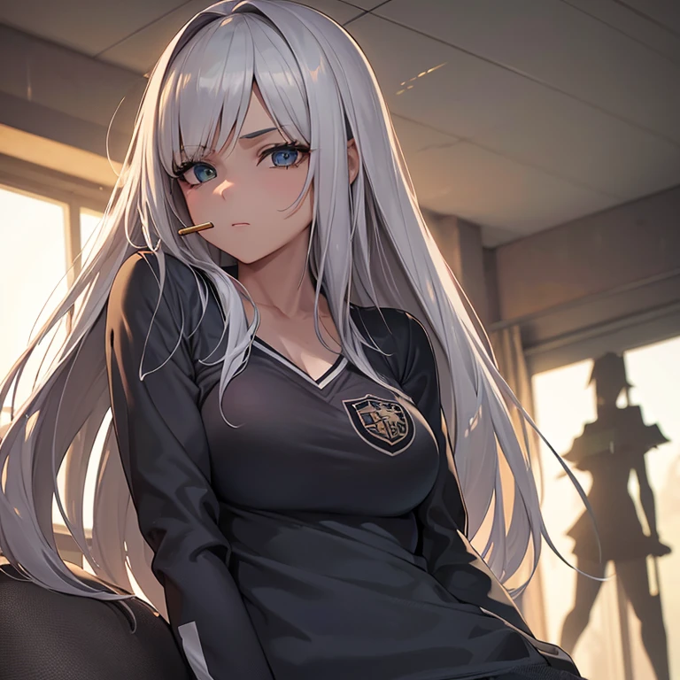((Garota colegial)),obra de arte,melhor qualidade, 4k graphics,sombras realistas,Cigarro na boca, medium breasts, medium thighs,school clothes,Olhos azuis, cabelos Loiros,mechas finais rosas, ((easy expression of hate)), paisagem uma quadra de futebol com alguns garotos.