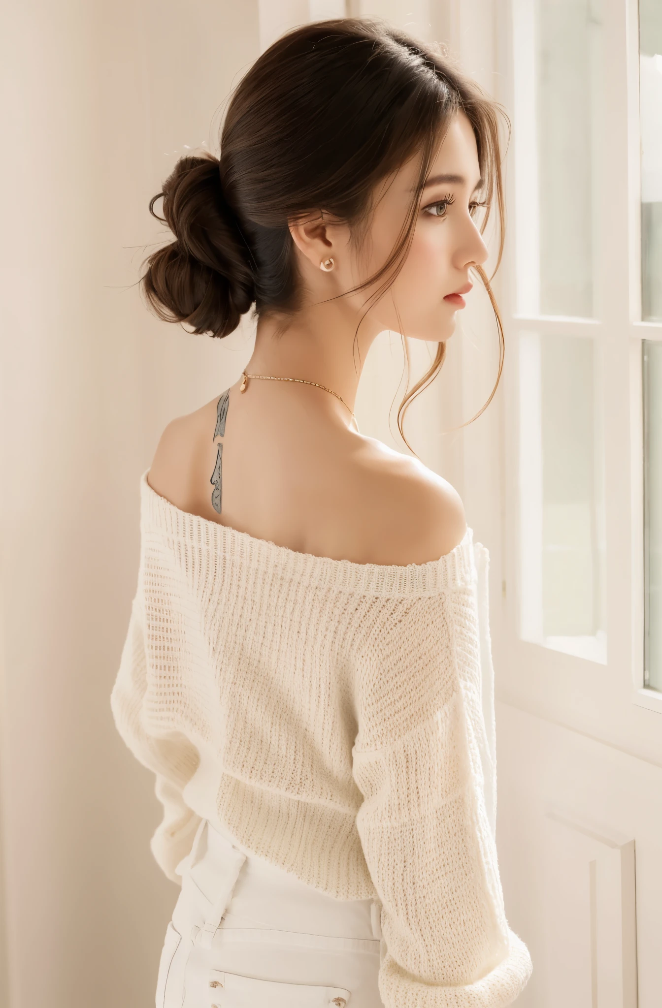 araffe woman in off shoulder sweater and white jeans pant