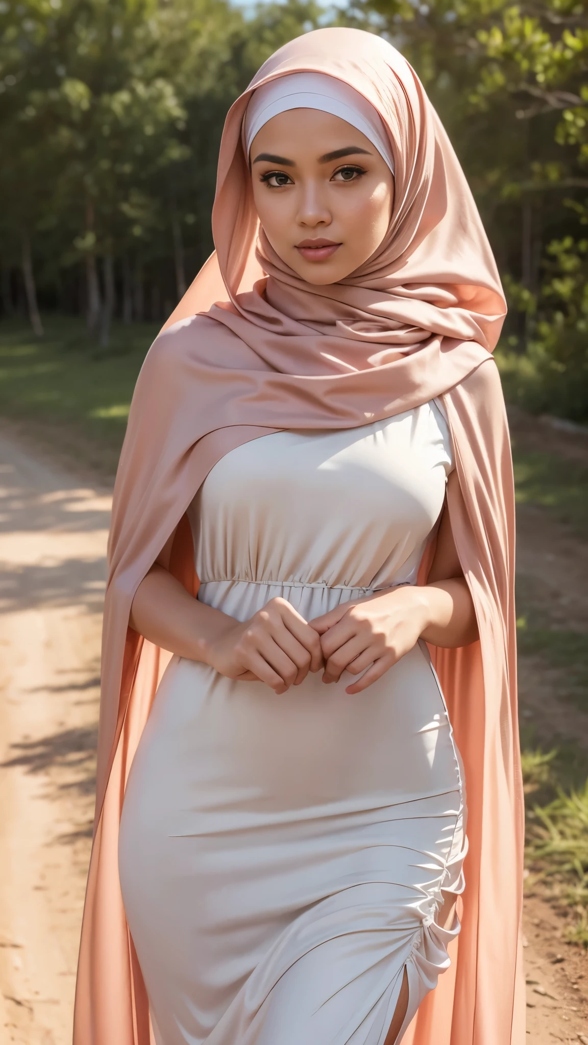 Close up),RAW, Best quality, high resolution, masterpiece: 1.3), Beautiful Malay woman in hijab,perfect fit body, big breast,sthick thighs,big beautiful eyes, Soft smile, beautiful face,very beutifull face,lip glosy, watery eyes, close up of a woman in a long dress standing on a gravel road, modest flowing gown, long dress female, full covered dress, soft silk dress, beautiful soft silky dress, elegant cape, light half opened dress, malay dress, with cape, beautiful silky dress, dress in voile, in shades of peach, long dress, flowing dress, long cape, dress and cloth Great lighting, Bright colors, Clean lines