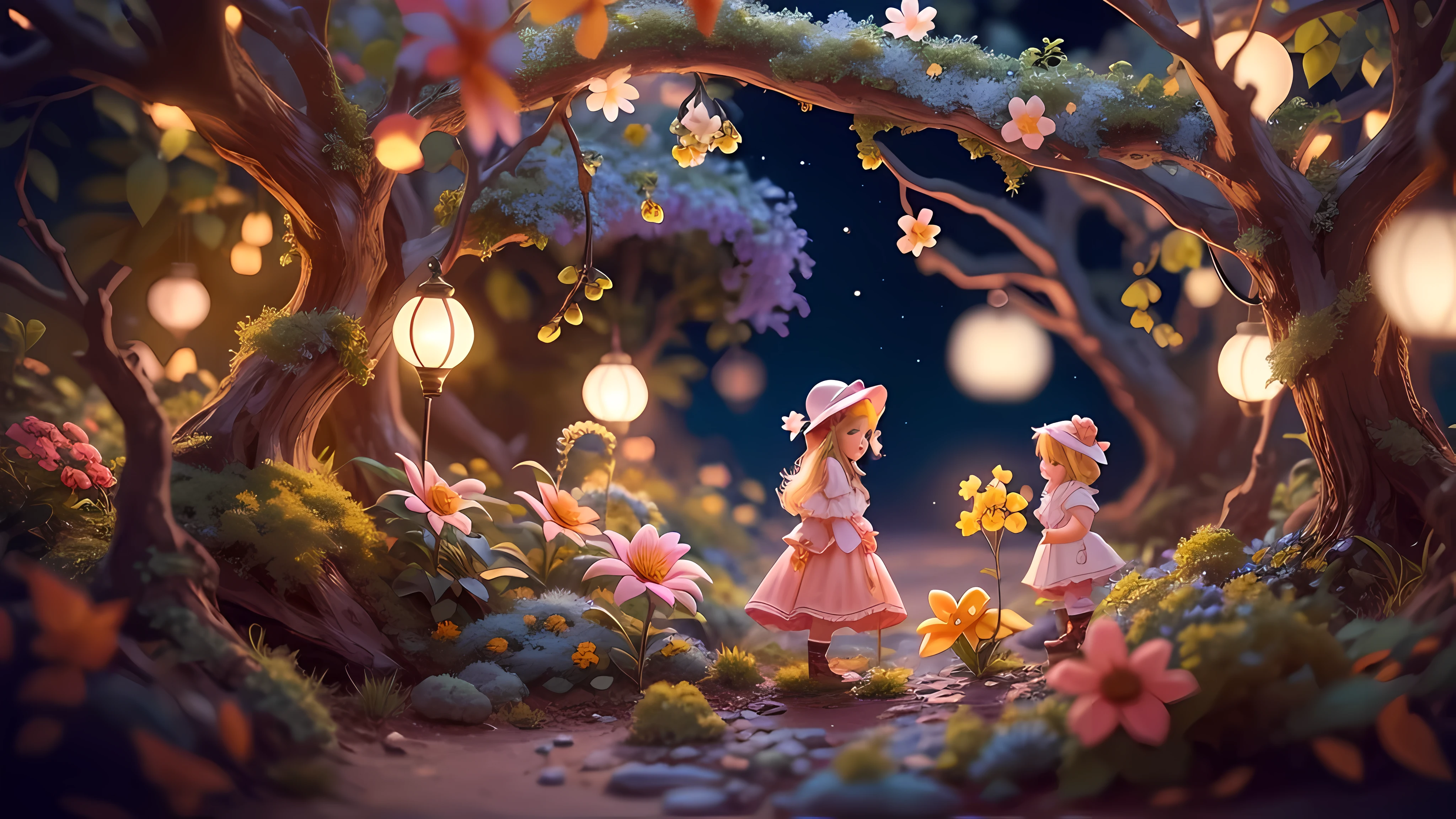 Magic garden miniature scene, The branches are full of delicate flowers,Soft lighting, Happy smiling miniature illuminated. 8K Auto Reality