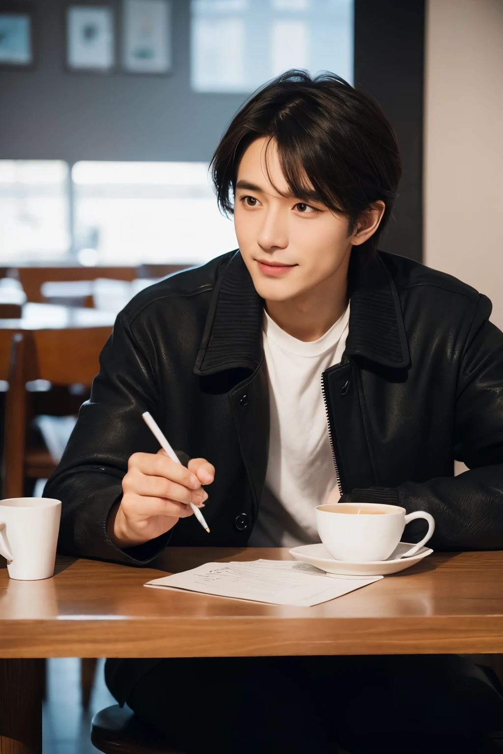 in a cafe,A man in a dark coat sketches intently,His face tense and serious,pencil in hand,Leave a smile on the corner of your mouth,There are still traces of his lips on the edge of the teacup on the table。