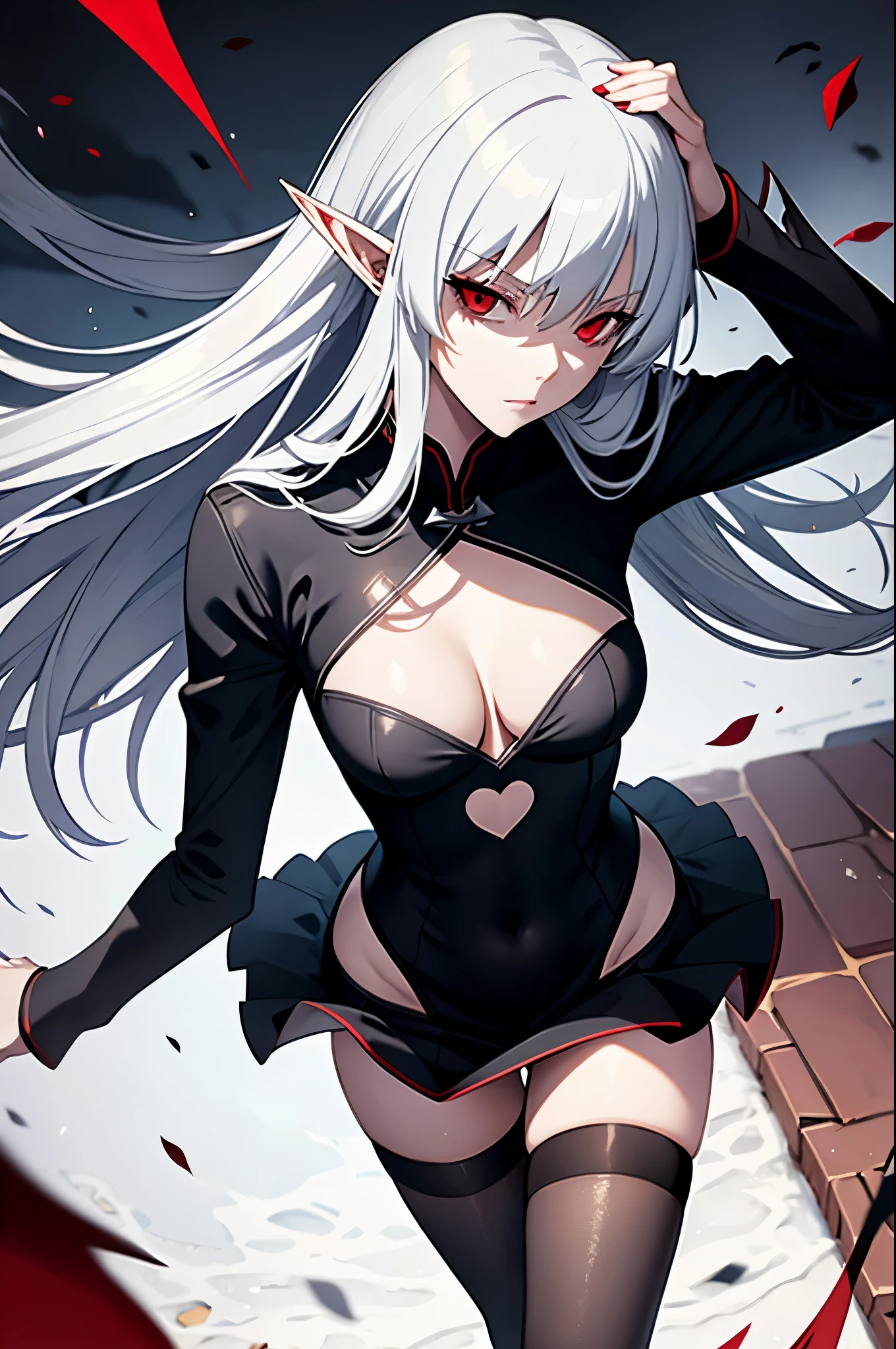 alice,vampire,grey hair, long hair, red eyes, pointy ears, small breasts,black dress, cleavage cutout, long sleeves, thighhighs, thigh strip
