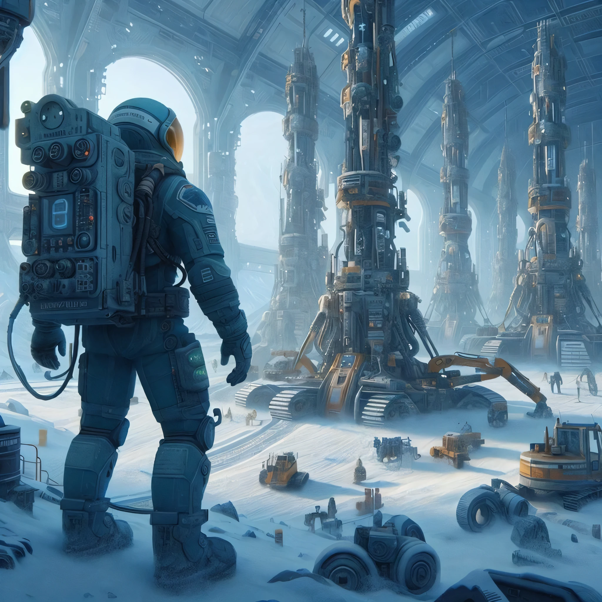 a man in a space suit standing in a snowy area, greg beeple, mystical sci-fi concept art, detailed sci-fi art, sci-fi illustrations, sci - fi illustrations, science fiction concept art, inspired by Craig Mullins, sci-fi concept art, sci - fi concept art, future science fiction. game cg, sci fi concept art