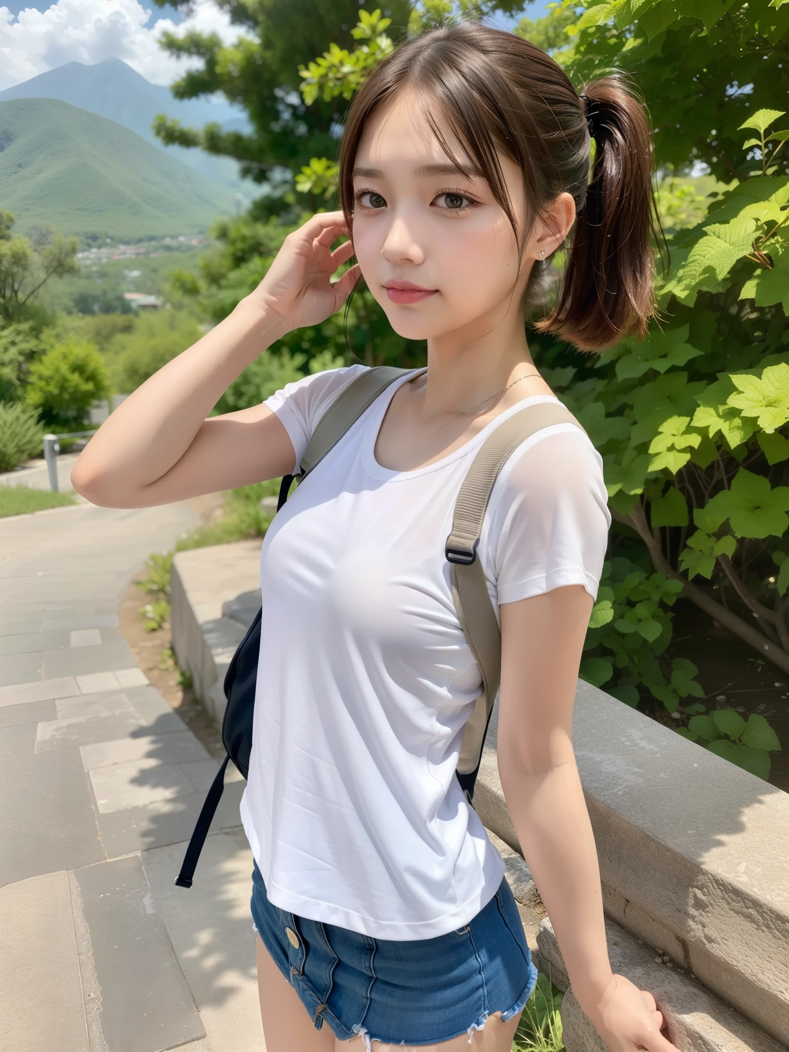 Nature scape photography, (from behind: 1.2), (mountain climbing; Carrying a backpack: 1.1) (white t-shirts, mini-skirt), (small breasts, flat chest, thigh: 1.1), (short messy hair, High ponytail), 
((of the highest quality, 8K, masutepiece: 1.3, Raw photo)), Sharp Focus: 1.2, (1 AESPA Girl :1.2), (SOLO: 1.22), (Realistic, Photorealistic: 1.37), (Face Focus: 1.1), Cute face, hyperdetailed face