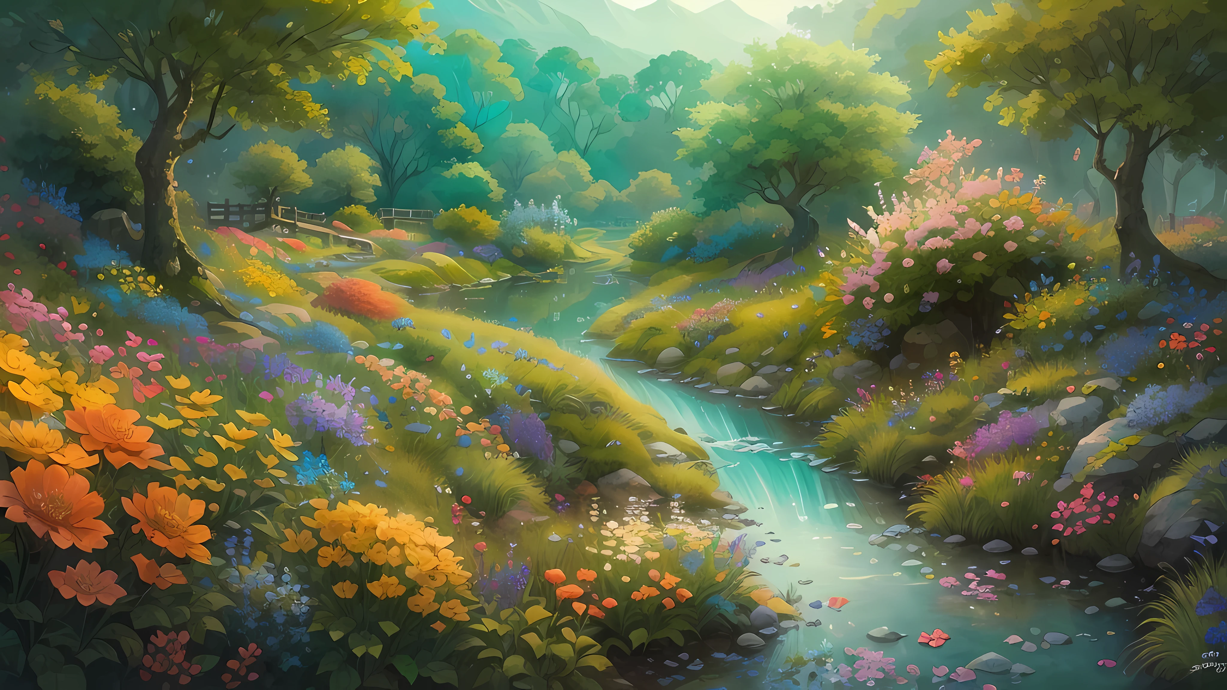 (best quality,4K,8K,high resolution,masterpiece:1.2),super detailed,(actual,photoactual,photo-actual:1.37),bright colors,beautiful garden,vibrant flowers,Detailed petals,peaceful scenery,meandering river,detour,professional,sharp focus,Physically based rendering,Art,new perspective,Immersive experience,playful atmosphere,harmonious composition,creative interpretation,Elegant aesthetic,Picturesque scenery,Lush green plants,delicate brushstrokes,layered texture,vivid color palette,soft sunshine,subtle shading,charming beauty,peaceful atmosphere,exquisite craftsmanship,peaceful atmosphere,peaceful existence,Refreshing atmosphere,natural tranquility,great scenery,Ethereal charm,dynamic elements,replenish energy,natural luster,wonderful sight,soothing tranquility,detail,enchanting,whimsical contact,Excellent quality,aesthetic harmony.