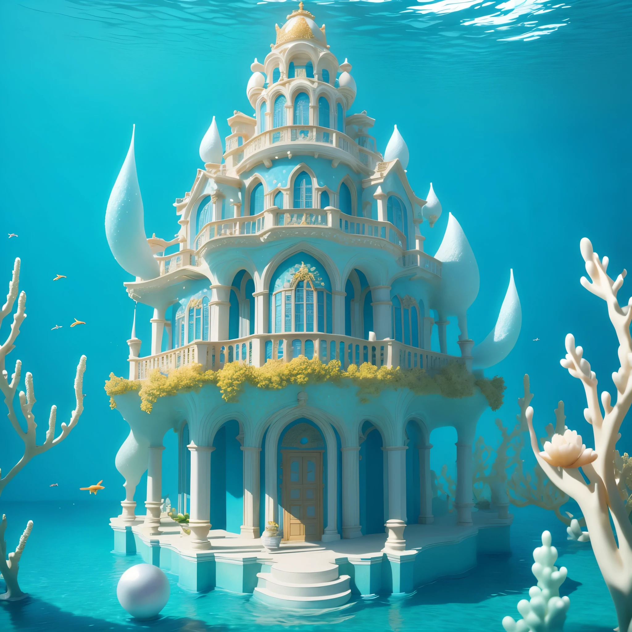masterpiece, best quality, disney pixar style, Super design,3d, That's an underwater palace。 it very beautiful and bright。 it has many towers and domes、arches and windows、pillars and statues。 it made of pearls and coral、gold and silver、Made of crystal and glass。 It surrounded by gardens and fountainish and flowers、shells and stars。 That's the most complicated thing in the sea、most elegant、最雄伟的shape。 It also the warmest in the sea、sweetest、freshest、the quietest、the brightest water、light、sound、shape。 This the most harmonious in the sea、most familiar、最的sound。 That the bluest in the sea、most stable、the most uniform light。 That's the most wonderful thing on the sea、the most amazing place。