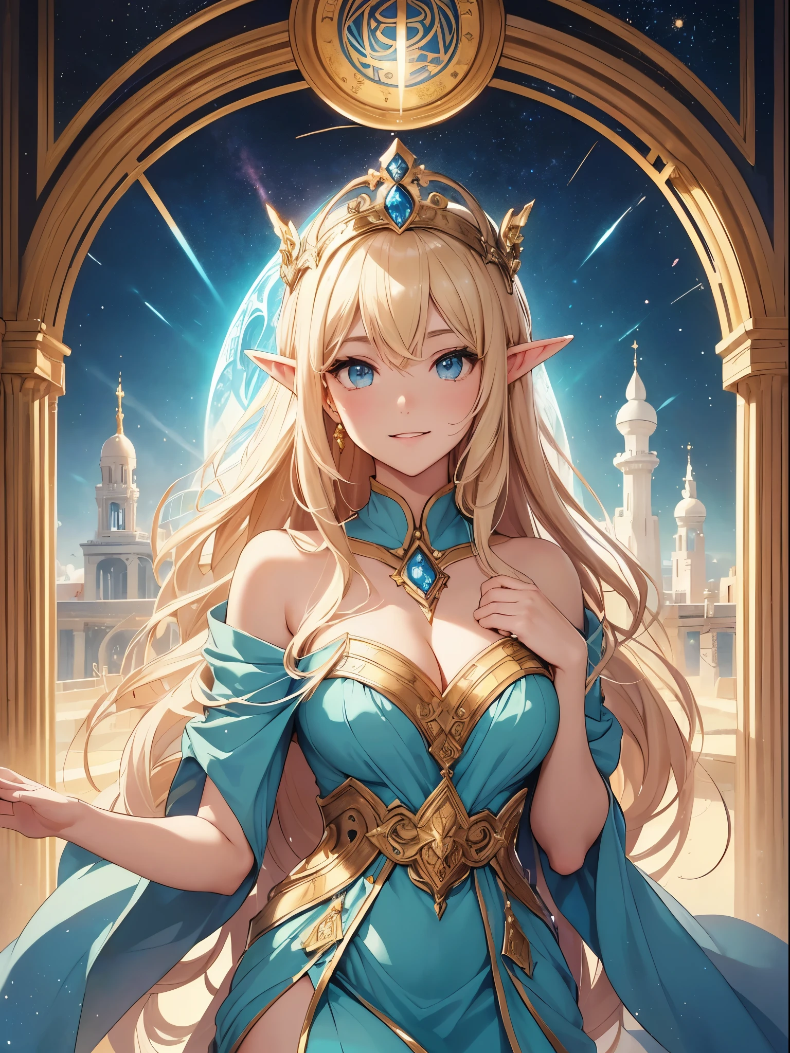 highest quality、Highest image quality、masterpiece、Super beautiful elf beauty((22 years old OL big bust、bust 90,beautiful long ironed hair、blonde、globe、、slender、Close-up、Esbian、beautiful tiara、High quality、beautiful art、background((starry ski)))muste piece、visual art、Depth of the bounds written、low angle of morning sky、、elf ears、、magic of light、space knight、harp melody🎵、A happy smile、gentle light、、Beautiful legs that are gentle on the skin、、、Number of fingers to achieve precise finger movements、ticker beautiful decorative dress、elegant、mystical rosa、beautiful dress、 heaven、marble columns, beautiful dressy、magnificent marble dome、giant galaxy、religious painting、temple of time、great watch、hourglass、sundial、moment of creation!、alphonse mucha art、art nouveau、byzantine art、Raphael's paintings、renaissance art、friendly smile、pantheon、Capitoline Hill、Greek Mythology