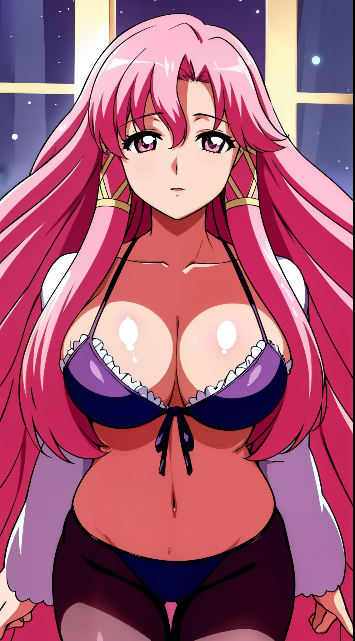 (Night:1.7), Japan, Tokyo, CityView, Before Window, at school, Standing at attention,black_pantyhose, pink bikini, pink_hair,long_hair,frills,pink_eyes,hair_tubes, 1 girl, 20yo,mature female,Beautiful Finger,Beautiful long legs,Beautiful body,Beautiful Nose,Beautiful character design, perfect eyes, perfect face, looking at viewer, in the center of the image, NSFW,official art,extremely detailed CG unity 8k wallpaper, perfect lighting,Colorful, Bright_Front_face_Lightinasterpiece:1.0),(best_quality:1.0), ultra high res,4K,ultra-detailed, photography, 8K, HDR, highres, absurdres:1.2, Kodak portra 400, film grain, blurry background, bokeh:1.2, lens flare, (vibrant_color:1.2) (Beautiful,large_Breasts:1.4), (beautiful_face:1.5),(narrow_waist),