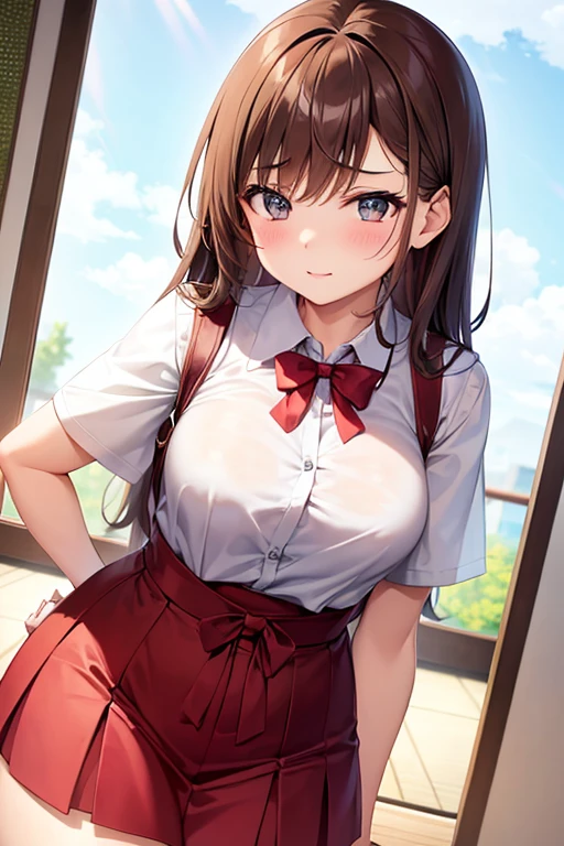 Teenage girl with a sexy figure, brown hair, medium breasts, wears a Japanese high school uniform