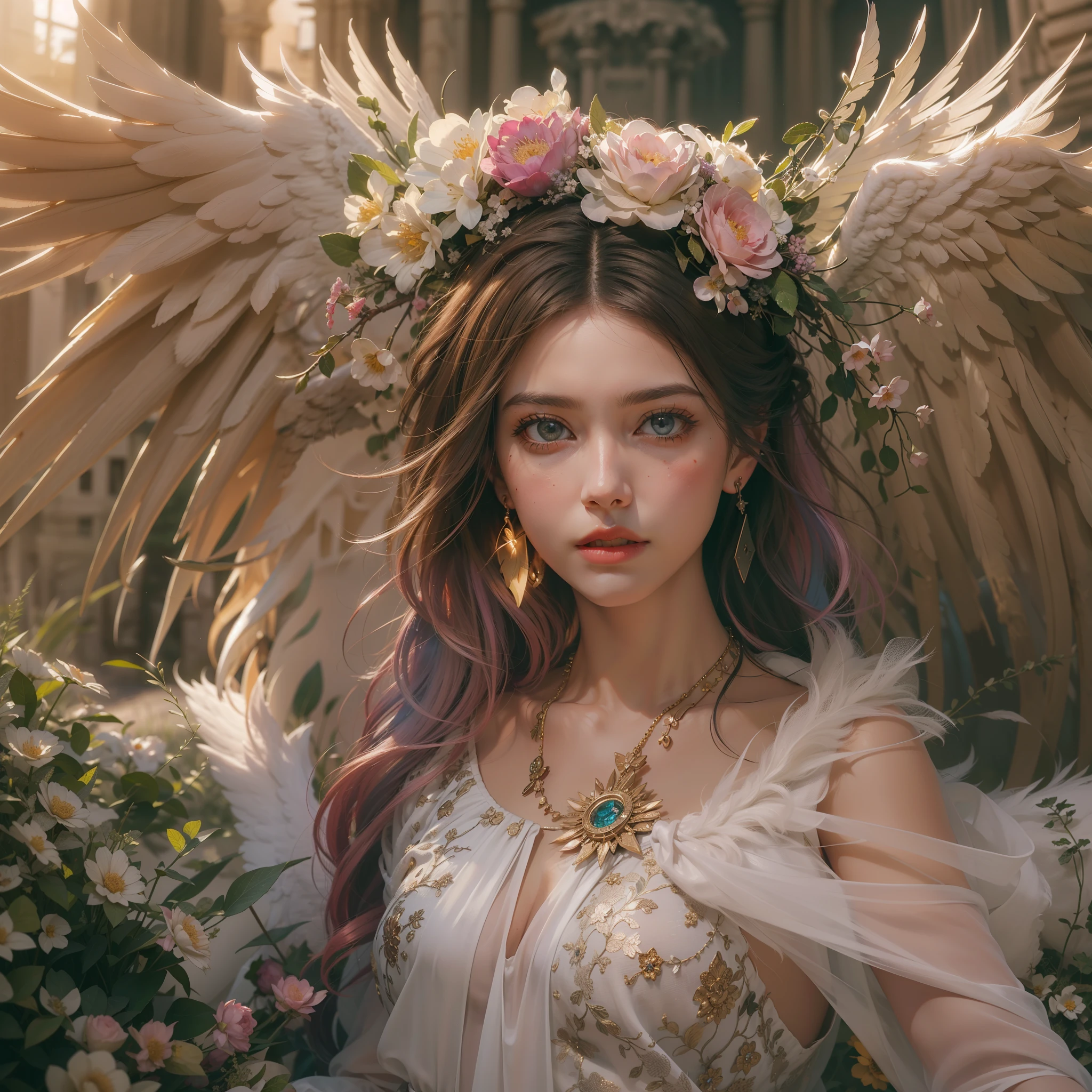 (award-winning masterpieces galore, incredibly detailed, textured and maximally detailed), (hyper realistic:1.4), (realistic:1.3), (top quality realistic textured skin), (dense perfect circle symmetrically beautifully rendered eyes), (angelic light Circle of Divine Radiance Overhead: 1.8), ((Medieval World)), (Black Angel of the Lord or White Angel of the Lord: 1.6), (Full Length Standing Image: 1.8), (Beautiful Kind Eyes), (Loving Beautiful Colored Eyes), (Magnificent Cloud Masses and Sky), (Halo Optical Phenomenon: 1.3), (Dramatic light), (majestic scene), (so beautiful in its expression of serenity and tenderness), ((big old wings with pure white feathers behind shoulders)), flower earrings on ears, (((dramatic photo))), (twilight), (sunset), (dusk), (sacred pose)), (pink hair), (chestnut hair ), flower garden, (elaborately crafted necklace around her neck), old ruins infested with plants, great temple, cathedral, ruins of temple, temple away from temple, (glowing magic circle), ruins of ancient castle, deserted ruins, crumbling ruins, ancient ruins with clear water, holy light, epic realistic, ((neutral color )), (HDR:1.5), (subdued colors:1.2), highly detailed, cinematic, warm light, dramatic light, (complex details:1.1), complex background, petals, pastel colors