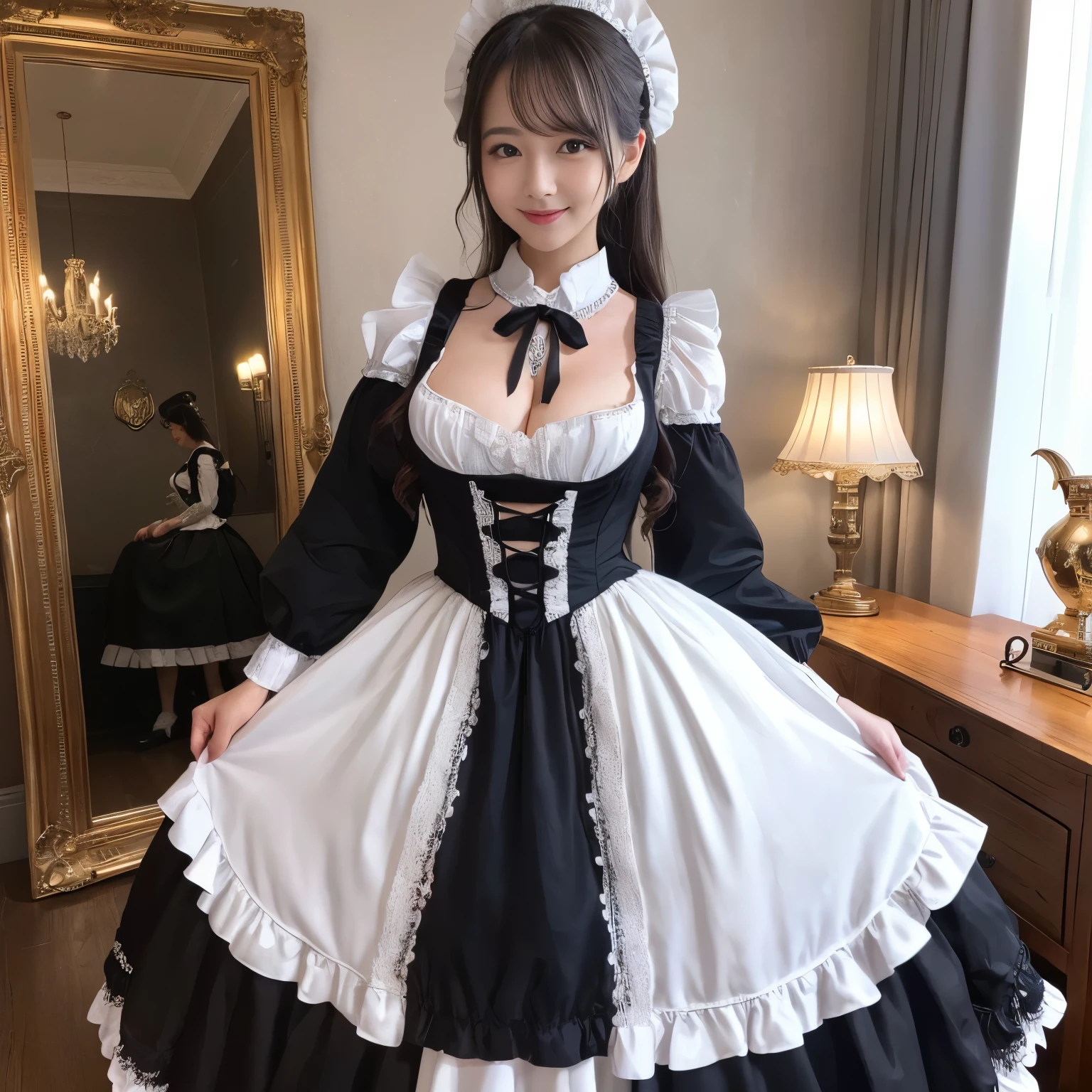 (((highest quality, pieces fly, ultra high resolution、the most complex and detailed depiction、Awards, 8K、明るくvividな)))、(1 beautiful maid princess、A maid stands gracefully)、(Gorgeous victorian maid dress rack and luxurious long skirt white maid outfit、Finest giant black and white maid princess costume、Dress rack and white maid Dress rack and white maid Dress lil apron and black and white maid outfit)、((The background is the most luxurious Victorian prostitute&#39;bedroom、Finest Victorian brothel、very bright、vivid、very moody lighting、so gorgeous、Luxury beyond imagination、prostitute&#39;bedroom decorated with many ornaments,、Very complex and detailed background、highly complex and detailed textures))、(look at me and smile、the happiest smile、emphasize body line、big and full breasts)