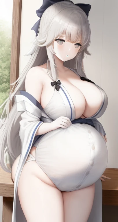 ((obra maestra)), ((mejor calidad)), ((Altas Resoluciones)), ((extremadamente detallado CG unidad 8k wallpaper)),(cabello gris:1.9) (híper pregnant)El cabello es de un color gris de longitud media  ,Yumi Hara (Senran Kagura),(Senos grandes:1.9)(large pregnant :1.5)Belly Expansion,(Belly),belly al descubierto,has pale white skin and icy blue eyes. Her hair is a medium-length dark gray color that is slightly repressed at the back with a white bow that has blue stripes at the ends......., She wears a solid white kimono that hangs from her shoulders and exposes her chest......... The suit has a blue double-lined border with a light blue obi on the back.....,