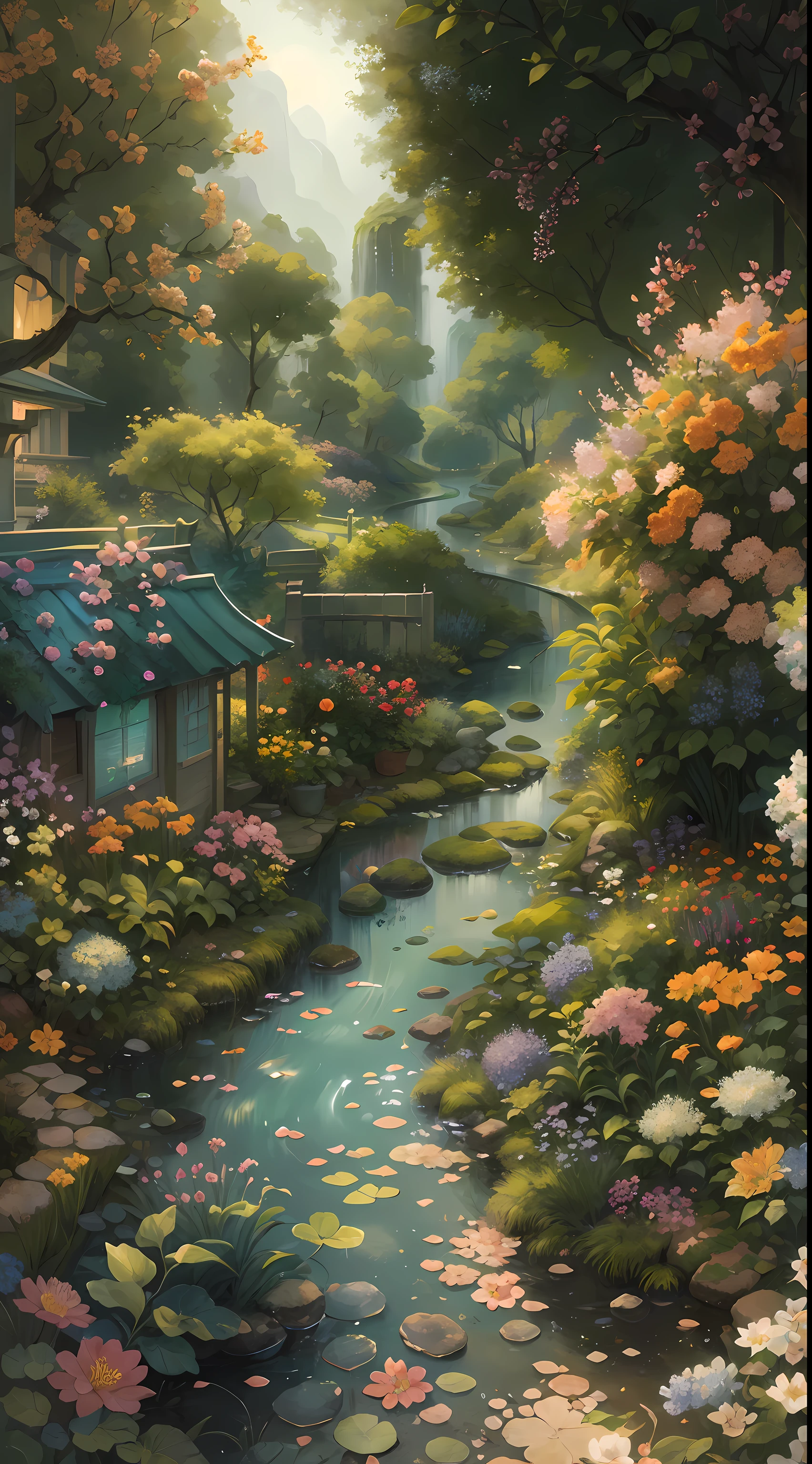 (best quality,4K,8K,high resolution,masterpiece:1.2),Super detailed,(actual,photoactual,photo-actual:1.37),bright colors,beautiful garden,vibrant flowers,Detailed petals,peaceful scenery,meandering river,Crooked road,professional,sharp focus,Physically based rendering,art,new perspective,Immersive experience,playful atmosphere,harmonious composition,creative interpretation,Elegant aesthetic,Picturesque scenery,Lush green plants,delicate brushstrokes,layered texture,vivid color palette,soft sunshine,subtle shading,charming beauty,peaceful atmosphere,exquisite craftsmanship,peaceful atmosphere,peaceful existence,Refreshing atmosphere,SerenityofNature,stunning views,Ethereal charm,dynamic elements,replenish energy,natural radiance,wonderful sight,soothing tranquility,tantalizing details,enchanting temptation,whimsical contact,fantastic quality,aesthetic harmony.