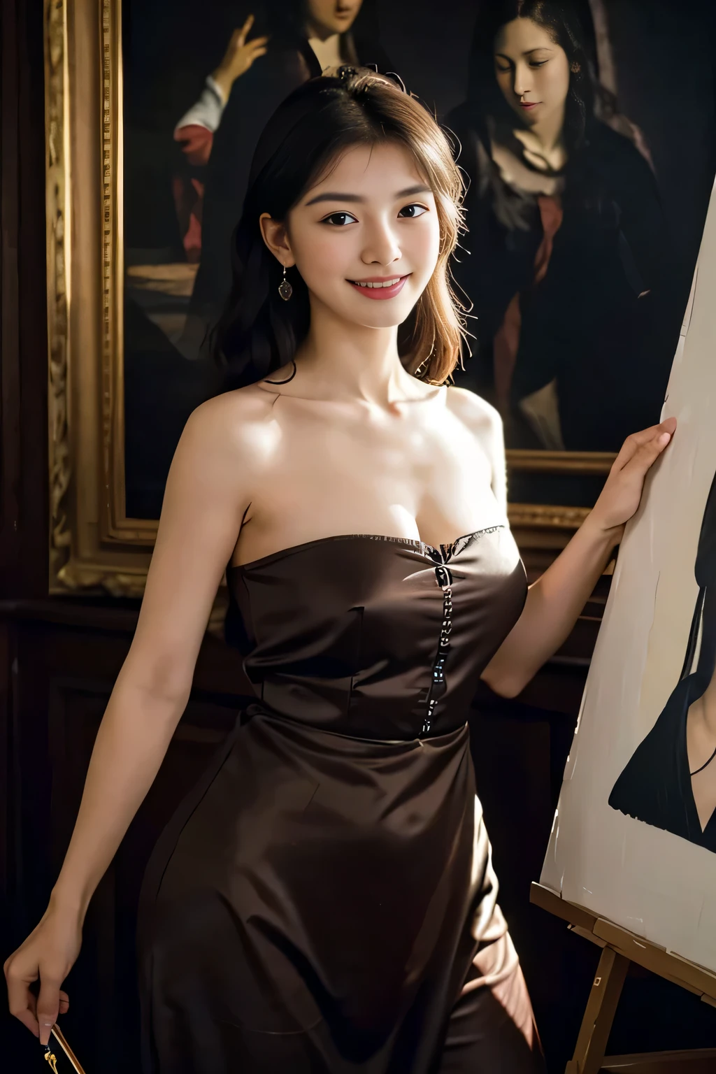 A woman paints an oil painting on a canvas in her atelier,Easel,antique,A smile,,Sweet and seductive appearance.、Caravaggio's paintings、Chiaroscuro of Caravaggio,,Cute smile, Expression of ecstasy,erotic,A sexy,Seduce you,pen,oil painting palet