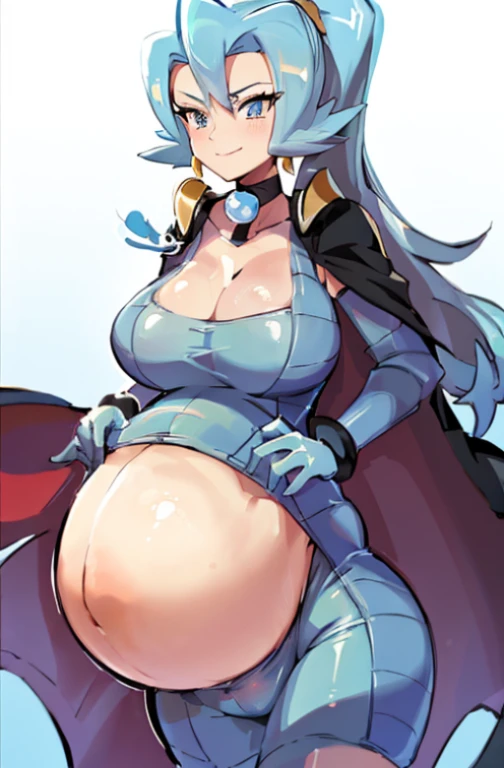 (masterpiece, best quality:1.2),1girl, solo, clair, pokemon, long hair, blue eyes, huge , blue hair, high ponytail, smile, cleavagbetween eyes, skin tight, blue bodysuit, choker, cape, hand on hip, covered navel, thigh gap, simple background, white background, big belly, huge belly, vore, big belly, (big belly:1.7), (large belly:1.7), large belly, huge large belly, hermoso, obra maestra, mejor calidad, cara extremadamente detallada, perfect ilumination, hyper pregnant, (hyper pregnat:1.6), 1girl, solamente, (manos perfectas, Perfect anatomy), Masterpiece 8k, (belly con forma humana:1.3) , one eyes close , sonrojo, muslos anchos, caderas anchas, boca abajo, acostada, acostada sobre barriga, hermoso, obra maestra, mejor calidad, cara extremadamente detallada, perfect ilumination, 1girl, solamente, (manos perfectas, Perfect anatomy), Masterpiece, 8k, , cara detallada, (cara detallada;1.4), sonrojo, sonrisa, manos perfectas