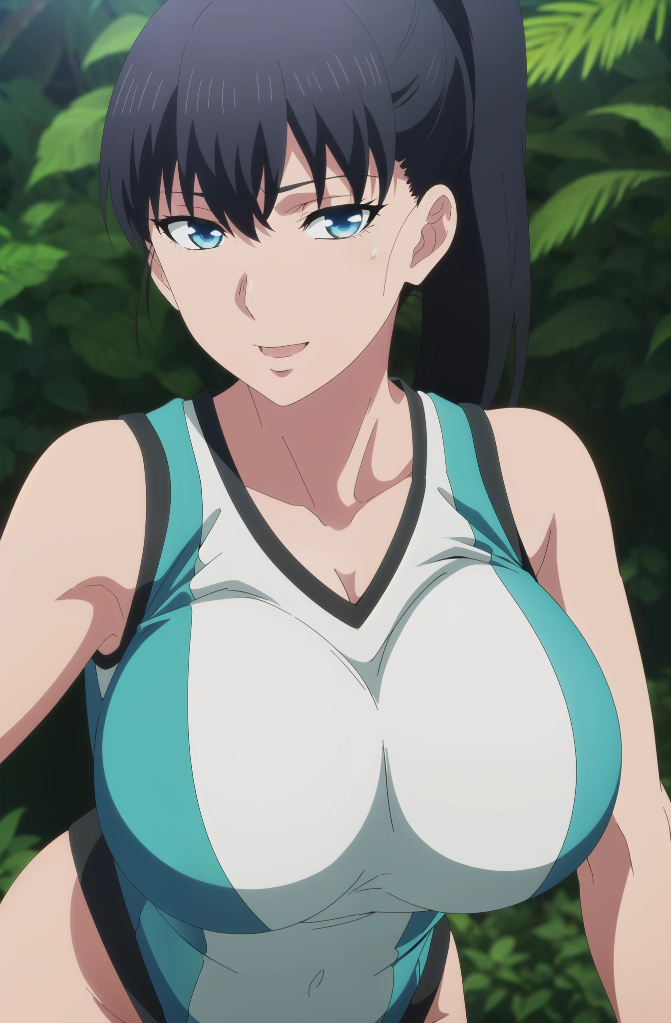 best quality, ultra high resolution, professional artwork, ultra detailed, HD, beautiful tall and mature around 24-28 years old white woman, with black_hair, ponytail, Bangs,blue_eyes, long hair, wearing a bare shoulders,Green_sportswear,sleeveless, collarbone, skindentation,  huge breasts: 1.uffy, wide hip, breasts are protruding, , jungle Woman, wide hips, seductive and sexy, beautiful embarrassed face with a affectionate look and, thick thighs, detailed ultra oily-shiny skin, daytime, Standing in a lush and mysterious jungle, a superhero pose while still being sexy and cheerful, cowboy shot, close up, Looking at the Viewer, detailed face, detailed brown eyes, detailed hair, , alone, solo, 1 girl, portrait upper body,
