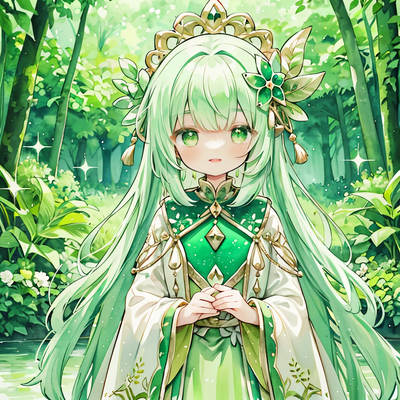 Transparent watercolors, girls, Jewel eyes, beautiful arrangements and motifs, originality, depth of field, emerald motifs, green color, emerald sparkles, emerald sprinkled with green hair, jewel-shaped hair ornaments, green eyes, smiles，forest