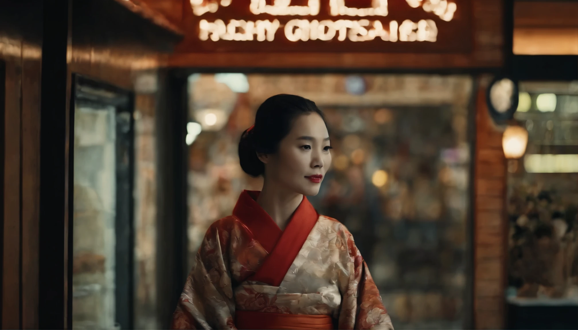 A mysterious female customer enters the convenience store door,Wearing an ancient kimono。