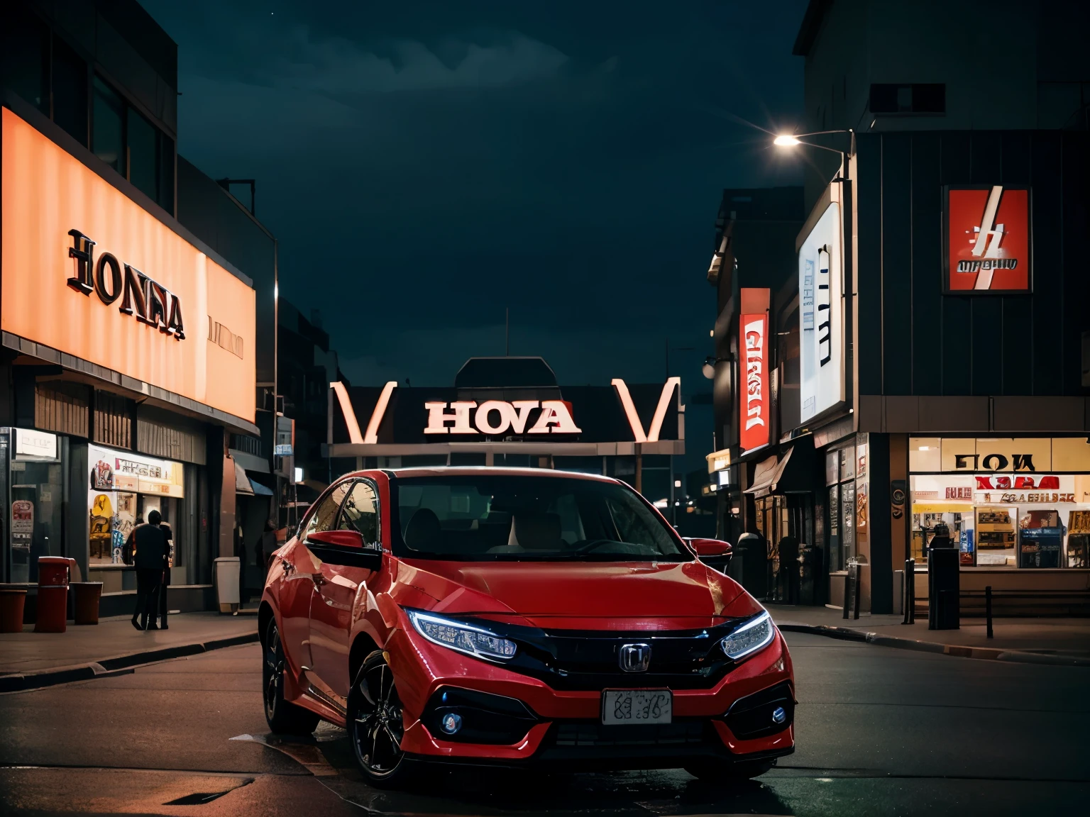 Car, red, Honda civic 2020, park in front of department store, night time, no one, neon city, high details, 8k, masterpiece