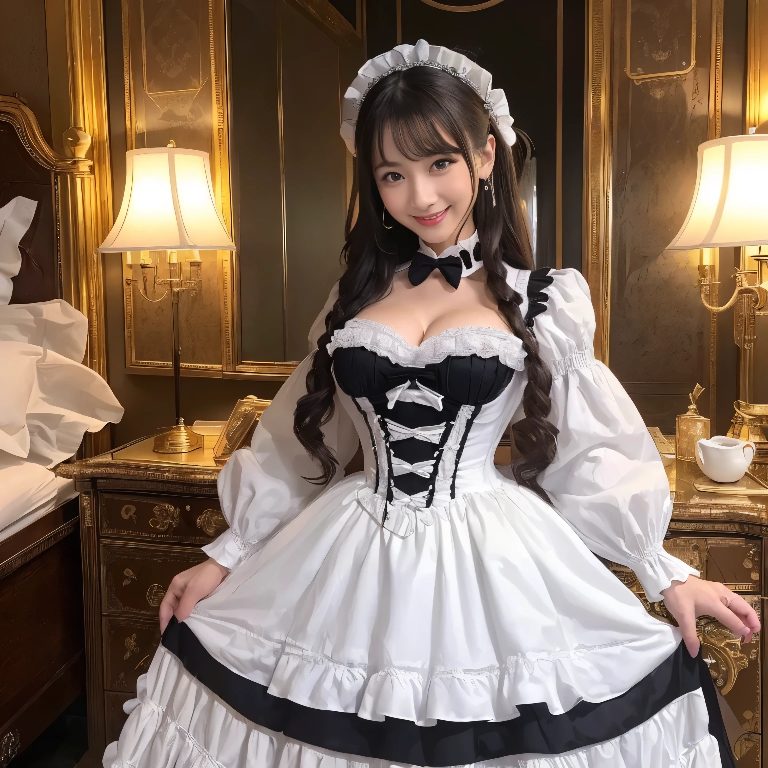 (((highest quality, pieces fly, ultra high resolution、the most complex and detailed depiction、Awards, 8K、明るくvividな)))、(1 beautiful maid princess、A maid stands gracefully)、(very bright:1.2)、(Gorgeous victorian maid dress rack and luxurious long skirt white maid outfit、Finest giant black and white maid princess costume、Dress rack and white maid Dress rack and white maid Dress lil apron and black and white maid outfit)、((The background is the most luxurious Victorian prostitute'bedroom、The finest giant bed in a brothel、Finest Victorian brothel、vivid、very moody lighting、so gorgeous、Luxury beyond imagination、prostitute'bedroom decorated with many ornaments,、Very complex and detailed background、highly complex and detailed textures))、(look at me and smile、the happiest smile、emphasize body line、big and full breasts)