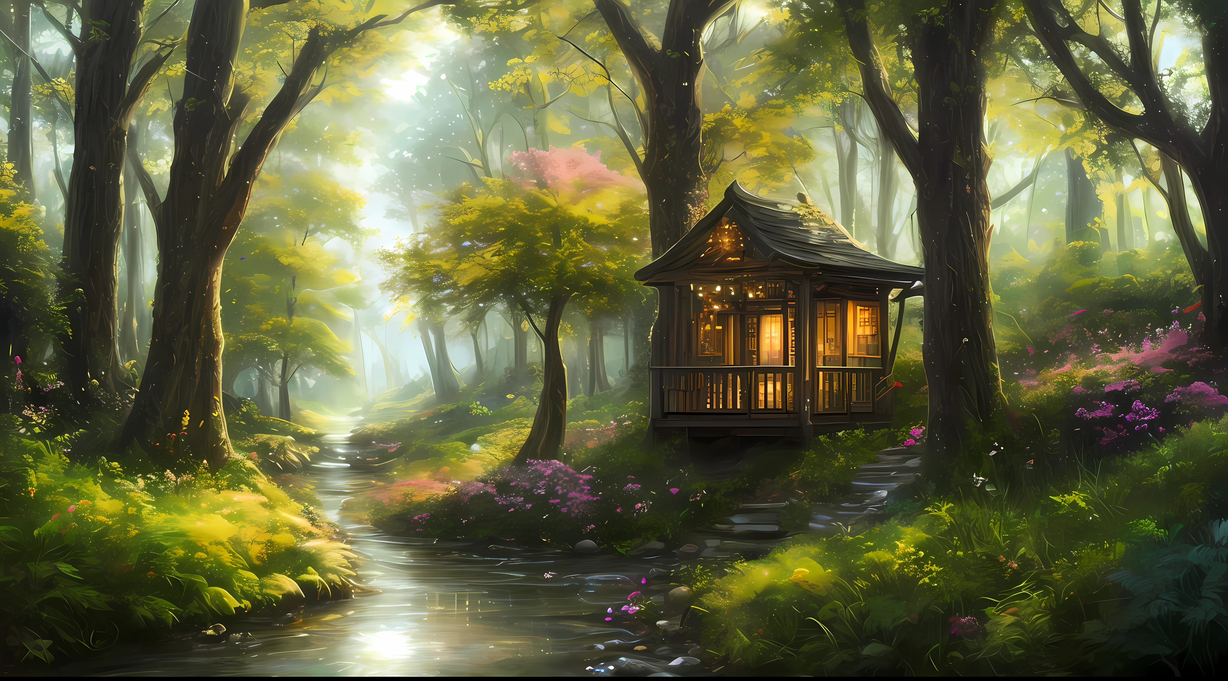 masterpiece, best quality, high quality, Very detailed 8k wallpaper of CG unit, An enchanting and dreamy scene of a fantasy forest, There are tall trees, house, Mountain, Fall, 明亮的蘑菇和隐藏的仙女Mountain谷, Create a sense of mystery and enchantment, art station, digital illustration, complex, trend, pastel colors, painting, Award-winning photography, Bokeh, depth of field, human development report, flower, Color difference, lifelike, Very detailed, trend in artstation, trend in CGsociety, complex, high detail, dramatic, art in the middle of the journey